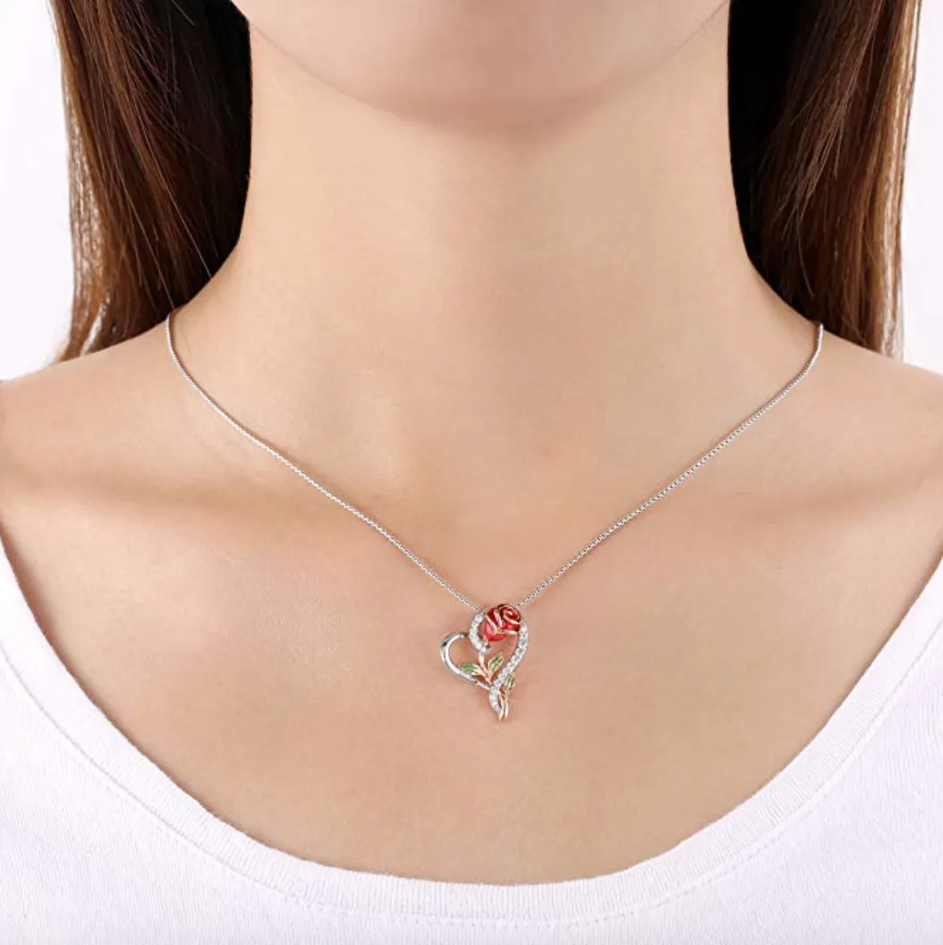 1/4 ct. Simulated Diamond Flower Pendant Rose Silver Necklace Heart Charm Jewelry Singer Gift Mother's Day 925 Silver Chain 18in.
