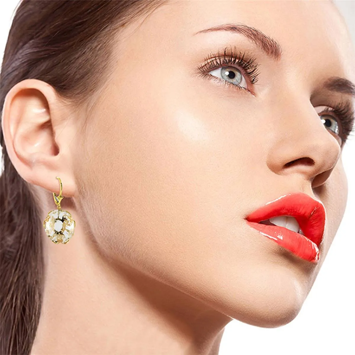 14K Solid Yellow Gold Leverback Round White Topaz Earrings