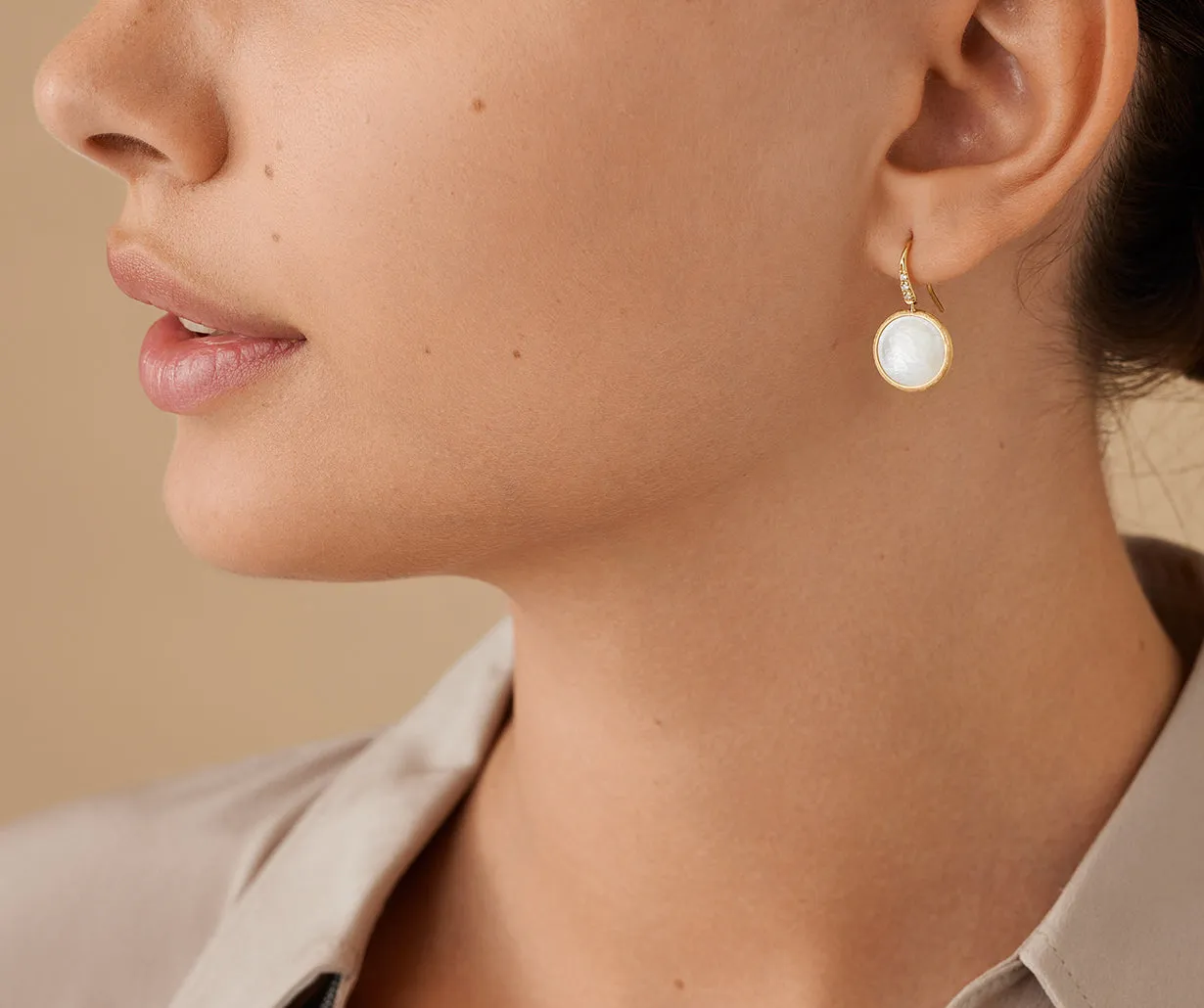 18K Yellow Gold Mother of Pearl Drop Earrings with Diamonds