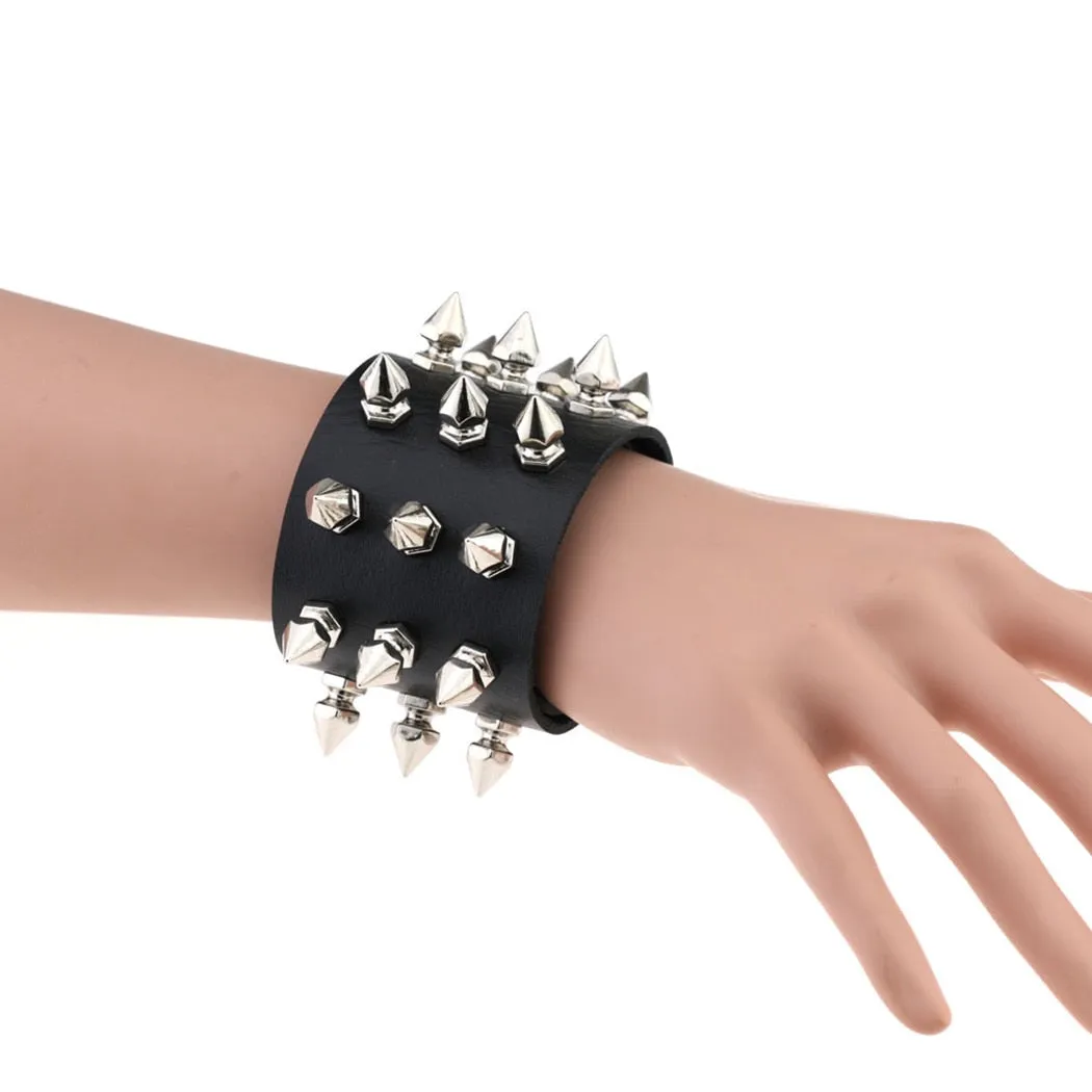 3-Rows Stud Spikes Leather Wristband Bracelet