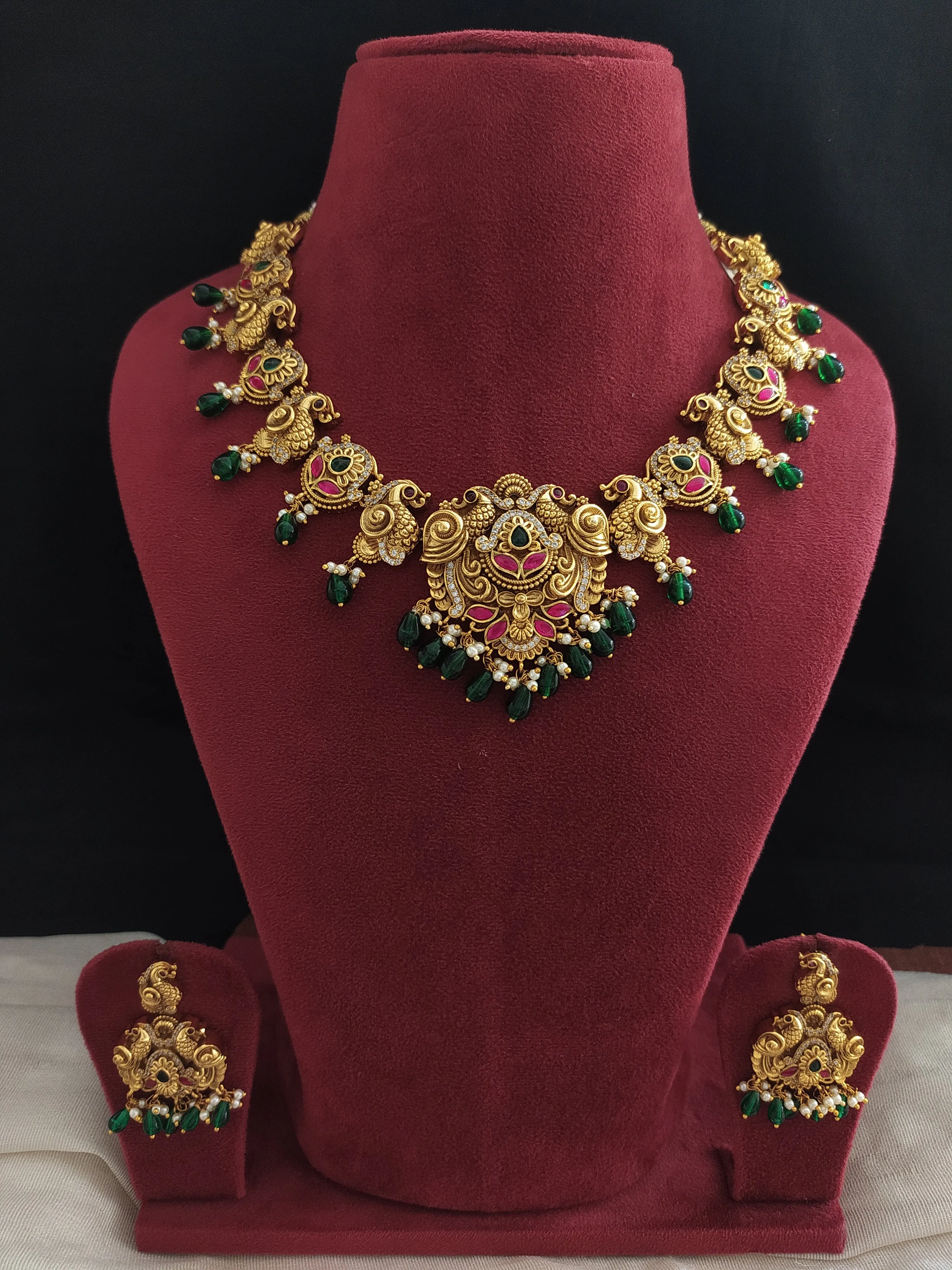 3D Peacock Design Antique Nagas Necklace Set with Kundan Stones
