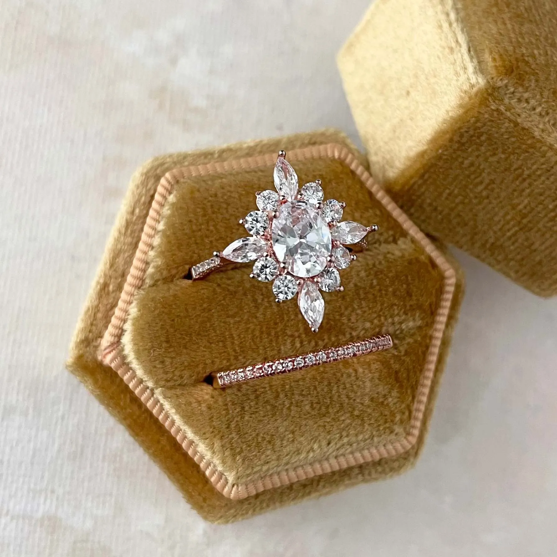 Antique Gold Ring Box Double Slotted Hexagon