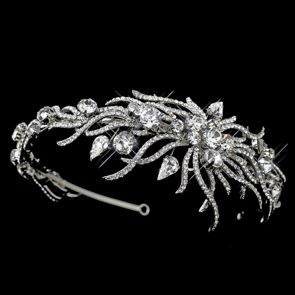 Antique Silver Multi Cut Crystal Spiral Spray Bridal Headpiece