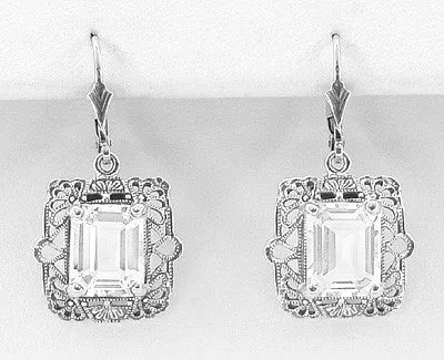 Art Deco Filigree White Topaz Drop Earrings in Sterling Silver