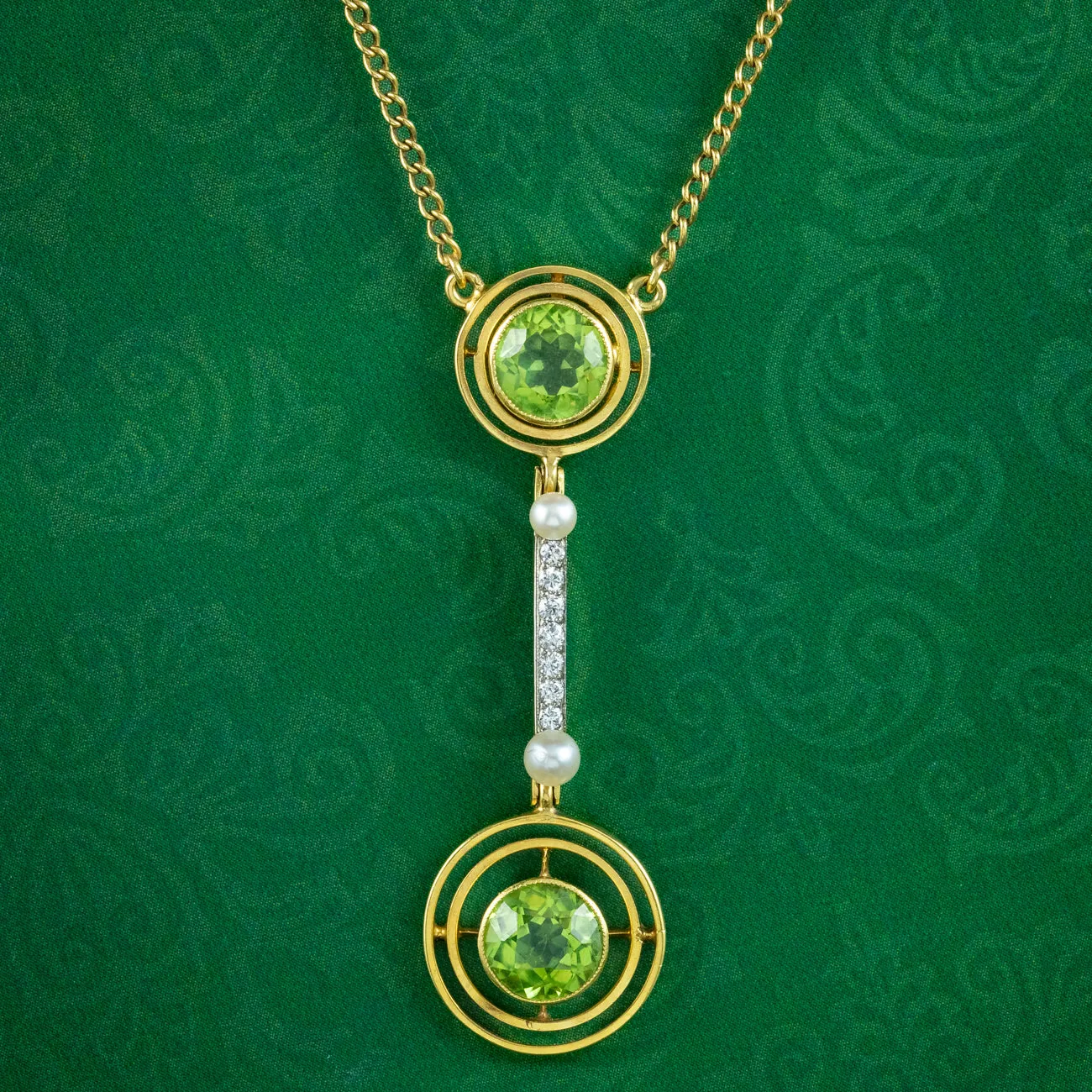 Art Deco Peridot Diamond Pearl Lavaliere Necklace 15ct Gold