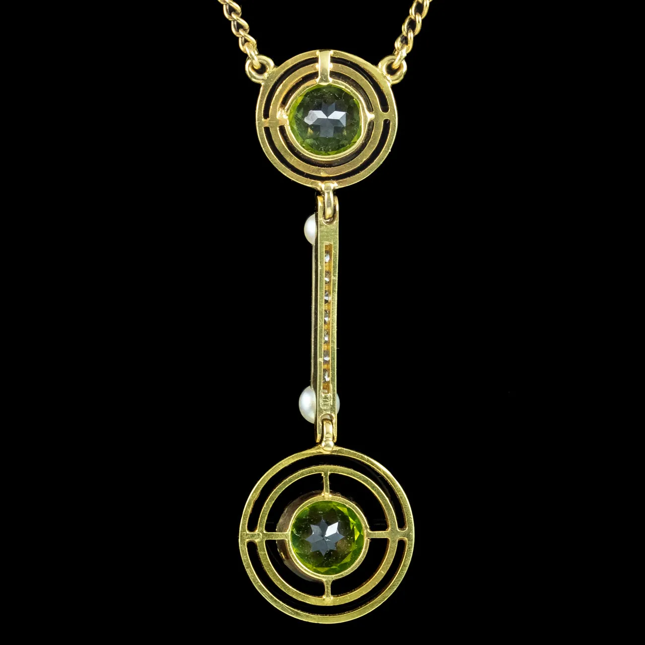 Art Deco Peridot Diamond Pearl Lavaliere Necklace 15ct Gold