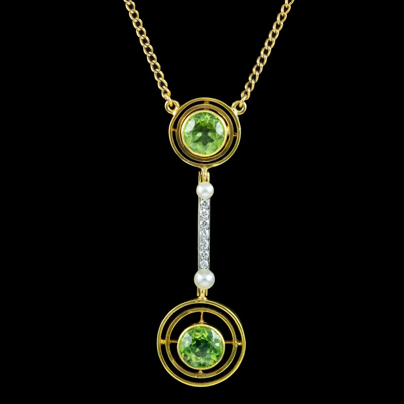 Art Deco Peridot Diamond Pearl Lavaliere Necklace 15ct Gold