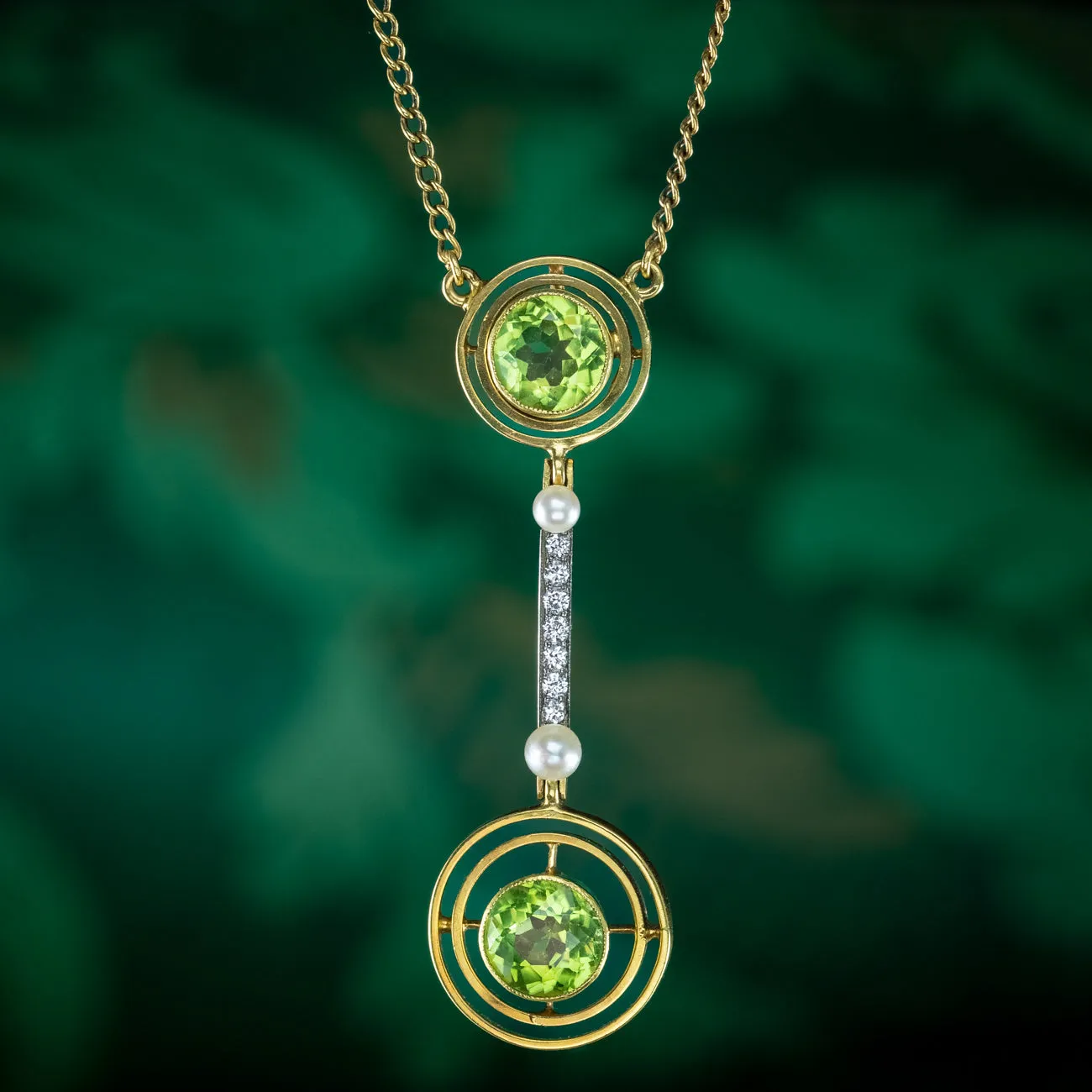 Art Deco Peridot Diamond Pearl Lavaliere Necklace 15ct Gold