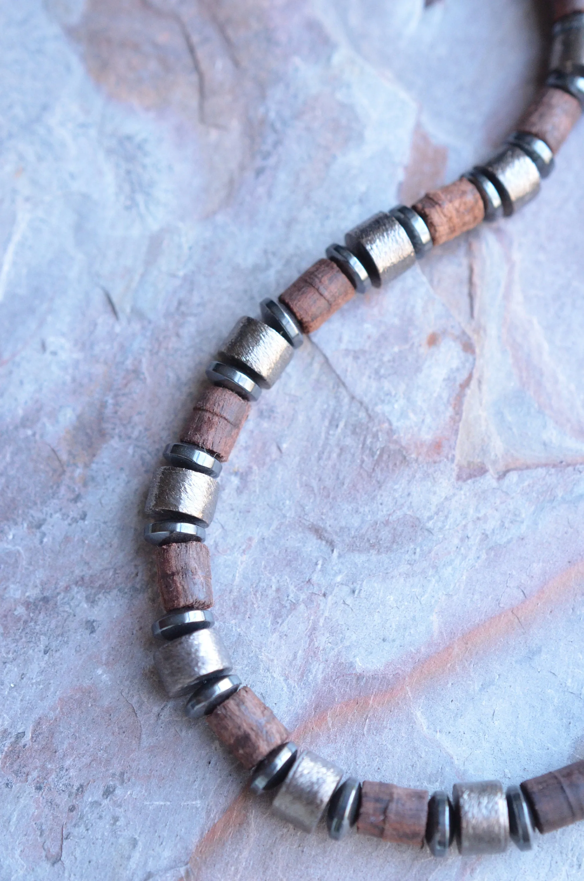 Copper Brown Wood Metal Long Beaded Mens Necklace - Alphonso