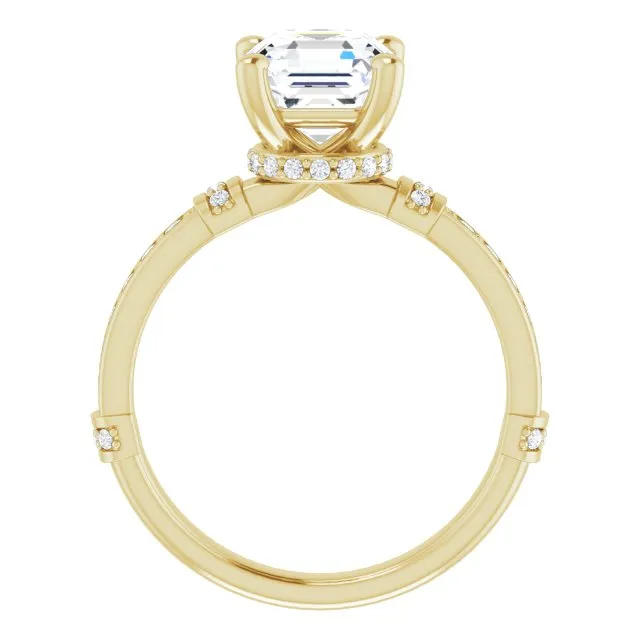 Cubic Zirconia Engagement Ring- The Ambrosia (Customizable Asscher Cut Style featuring Under-Halo, Shared Prong and Quad Horizontal Band Accents)
