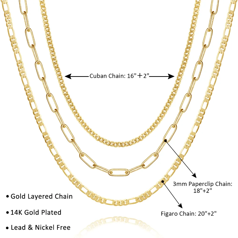 Dainty 14K Gold Layered Necklaces- Cuban 3mm Paperclip Figaro