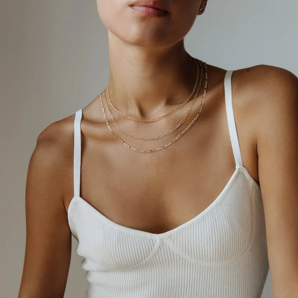 Dainty 14K Gold Layered Necklaces- Cuban 3mm Paperclip Figaro