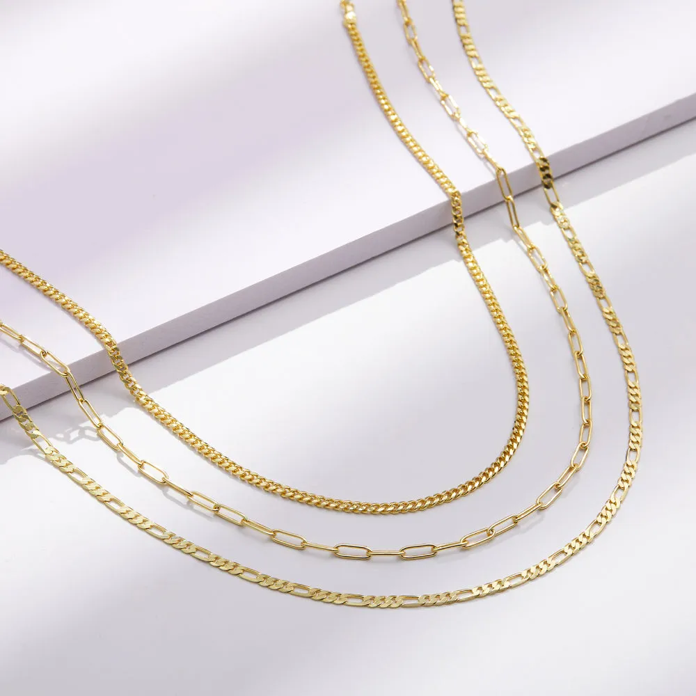 Dainty 14K Gold Layered Necklaces- Cuban 3mm Paperclip Figaro