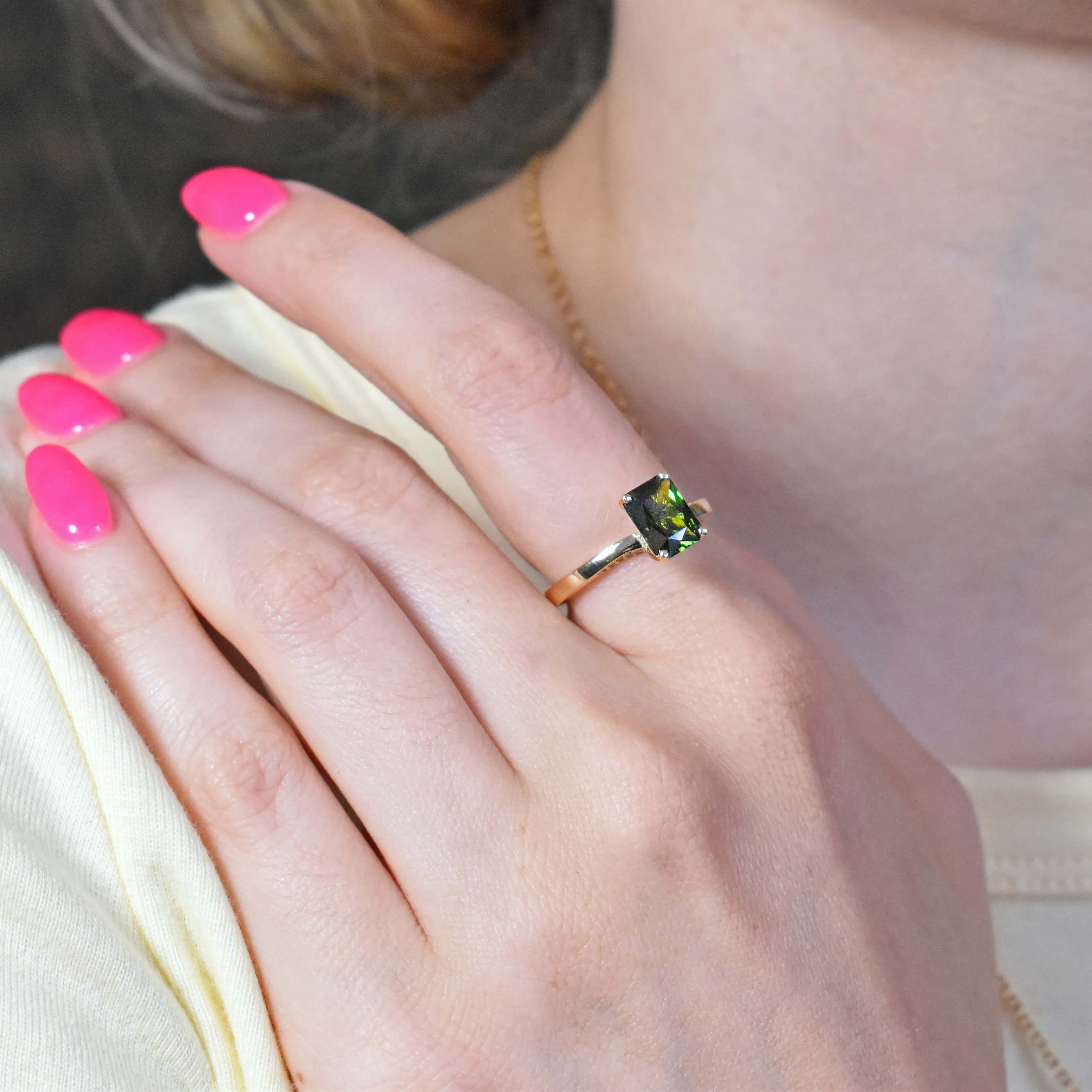 Emerald Engagement Twist Ring Tourmaline