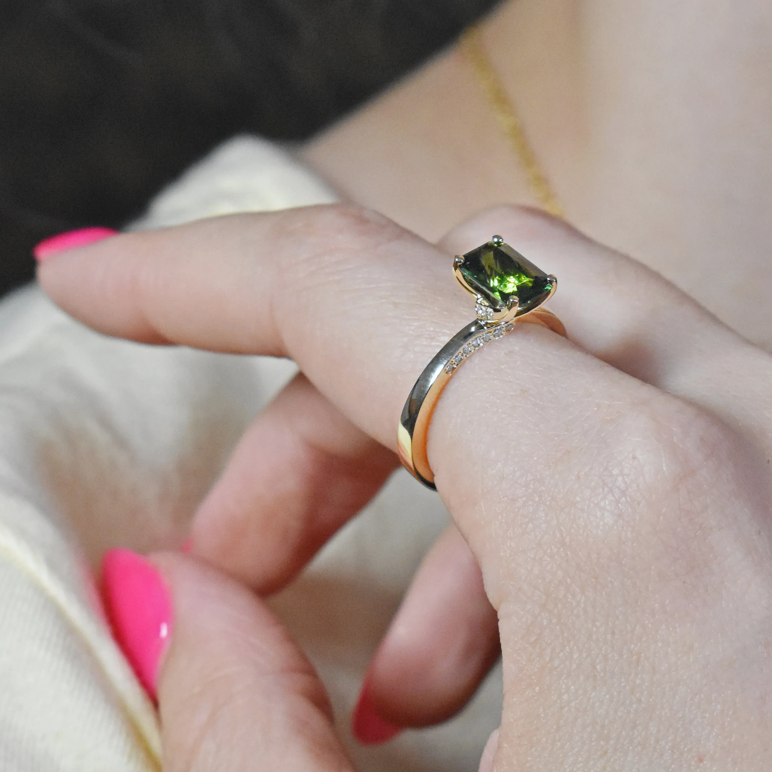 Emerald Engagement Twist Ring Tourmaline