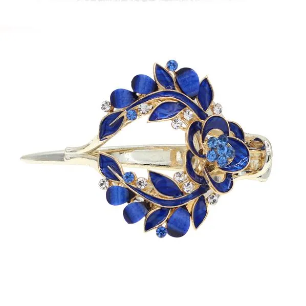 Enamel Hinged Hair Clip Claw Barrette w/ Rhinestones Flower Wreath