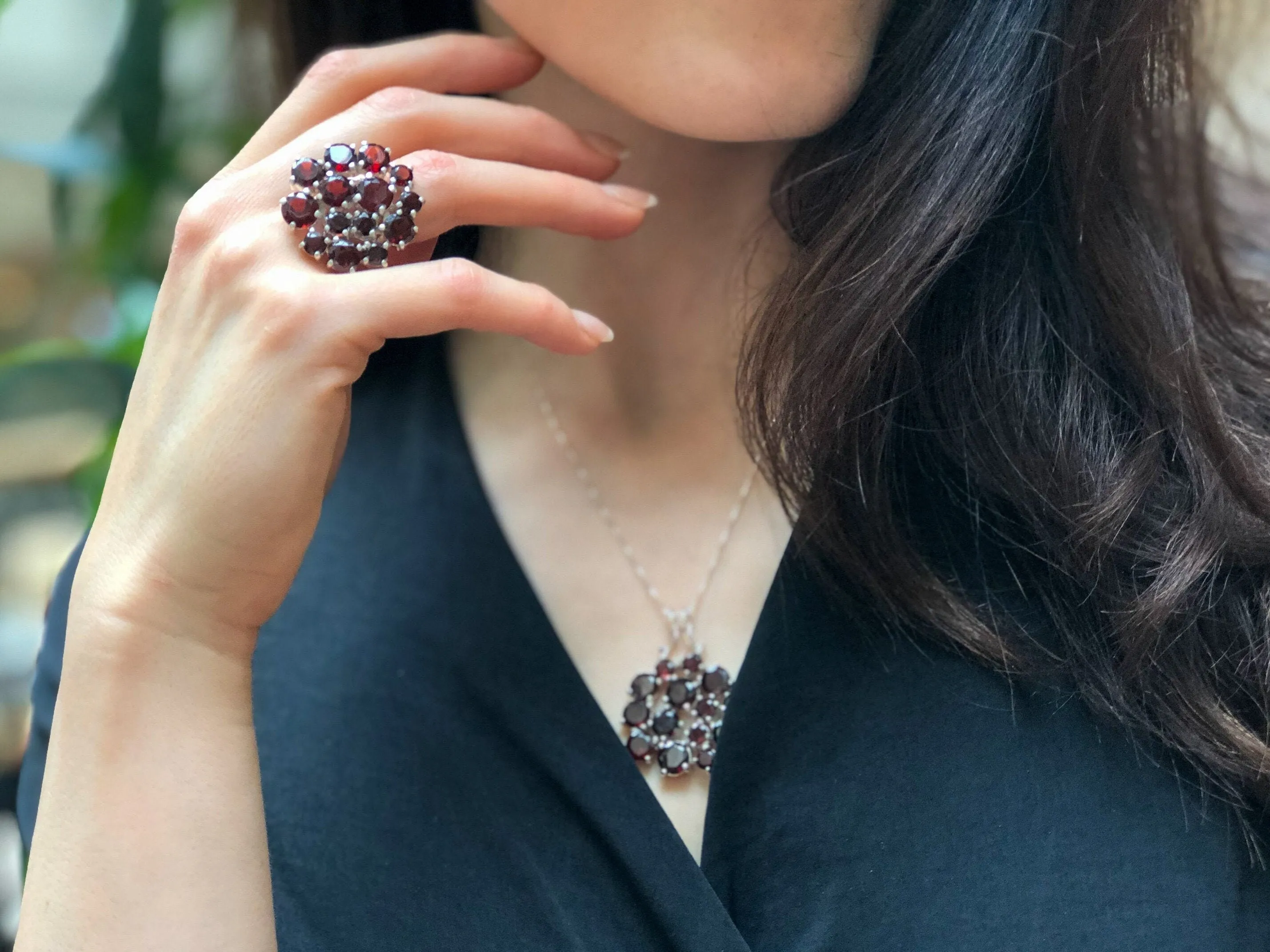 Garnet Flower Ring - Statement Garnet Ring - Cluster Silver Ring