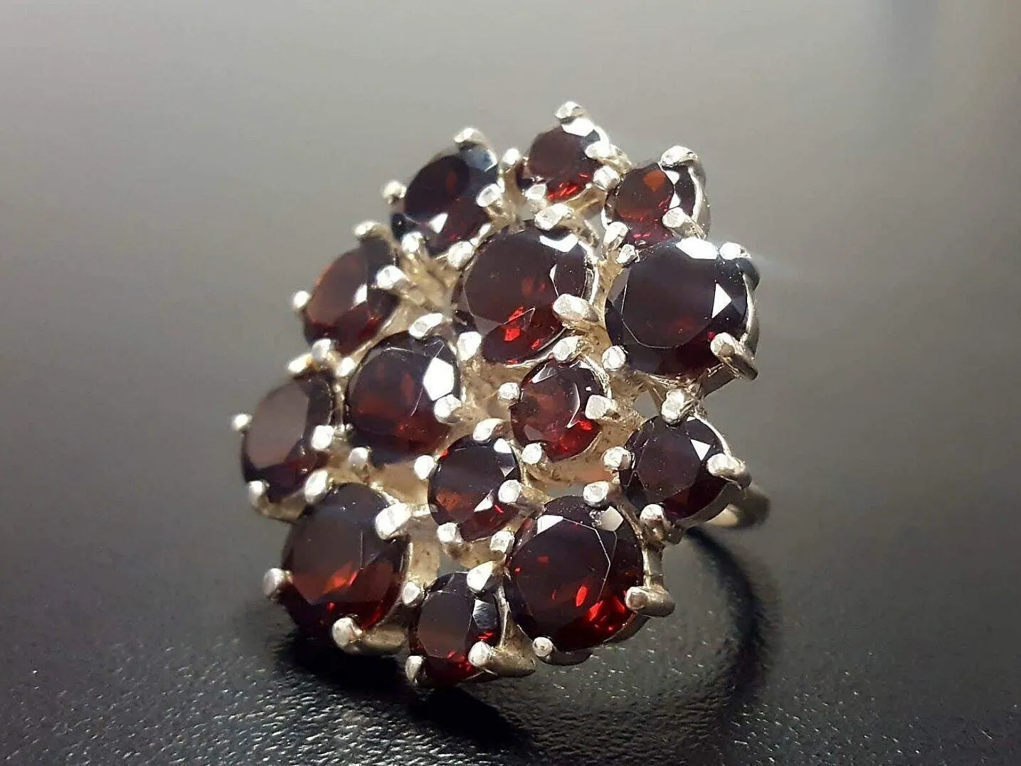 Garnet Flower Ring - Statement Garnet Ring - Cluster Silver Ring