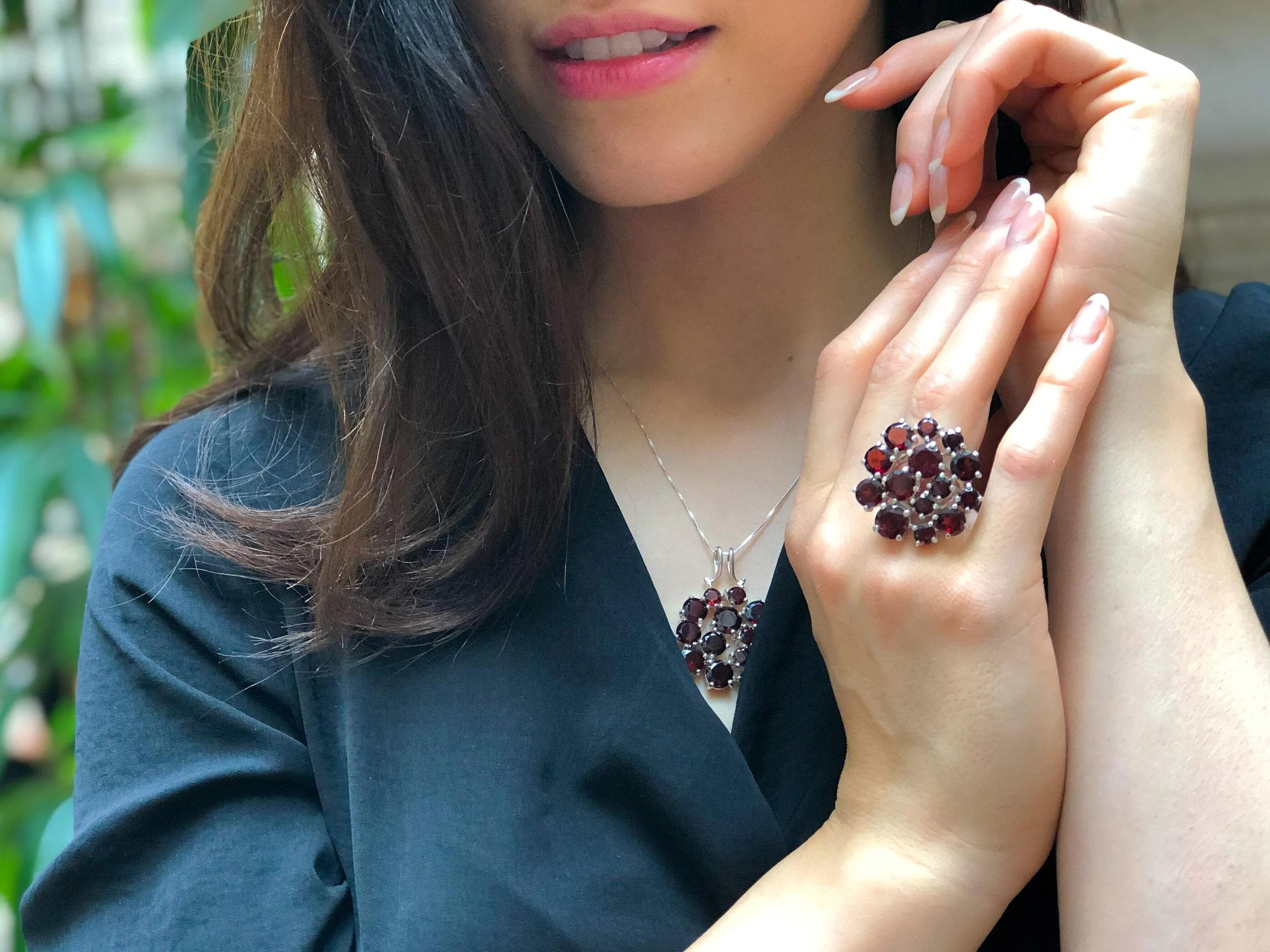 Garnet Flower Ring - Statement Garnet Ring - Cluster Silver Ring