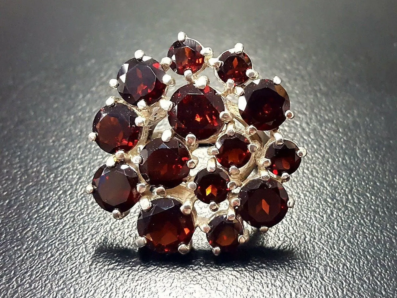 Garnet Flower Ring - Statement Garnet Ring - Cluster Silver Ring
