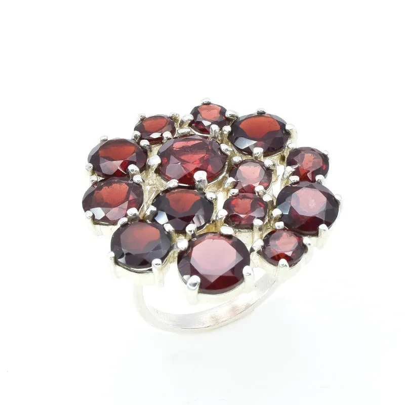 Garnet Flower Ring - Statement Garnet Ring - Cluster Silver Ring