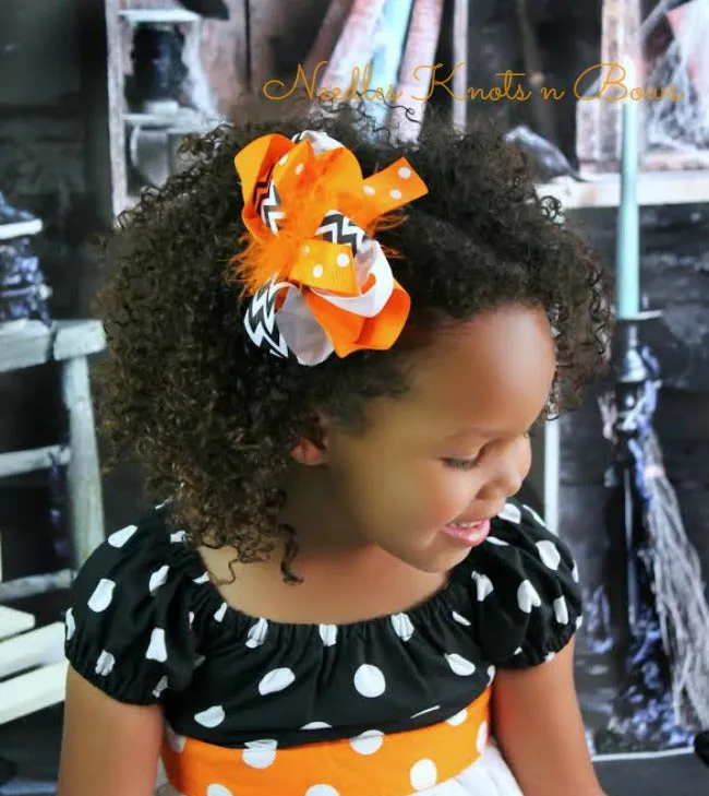 Girls Black Orange Layered Halloween Hair Bow