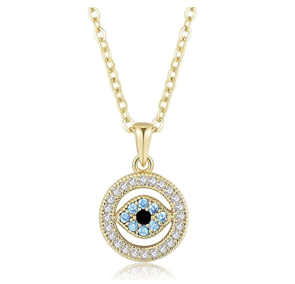 Gold Blue Evil Eye Diamond Jewish Necklace Yoga Jewelry Islamic Muslim Gift Chain 18in.