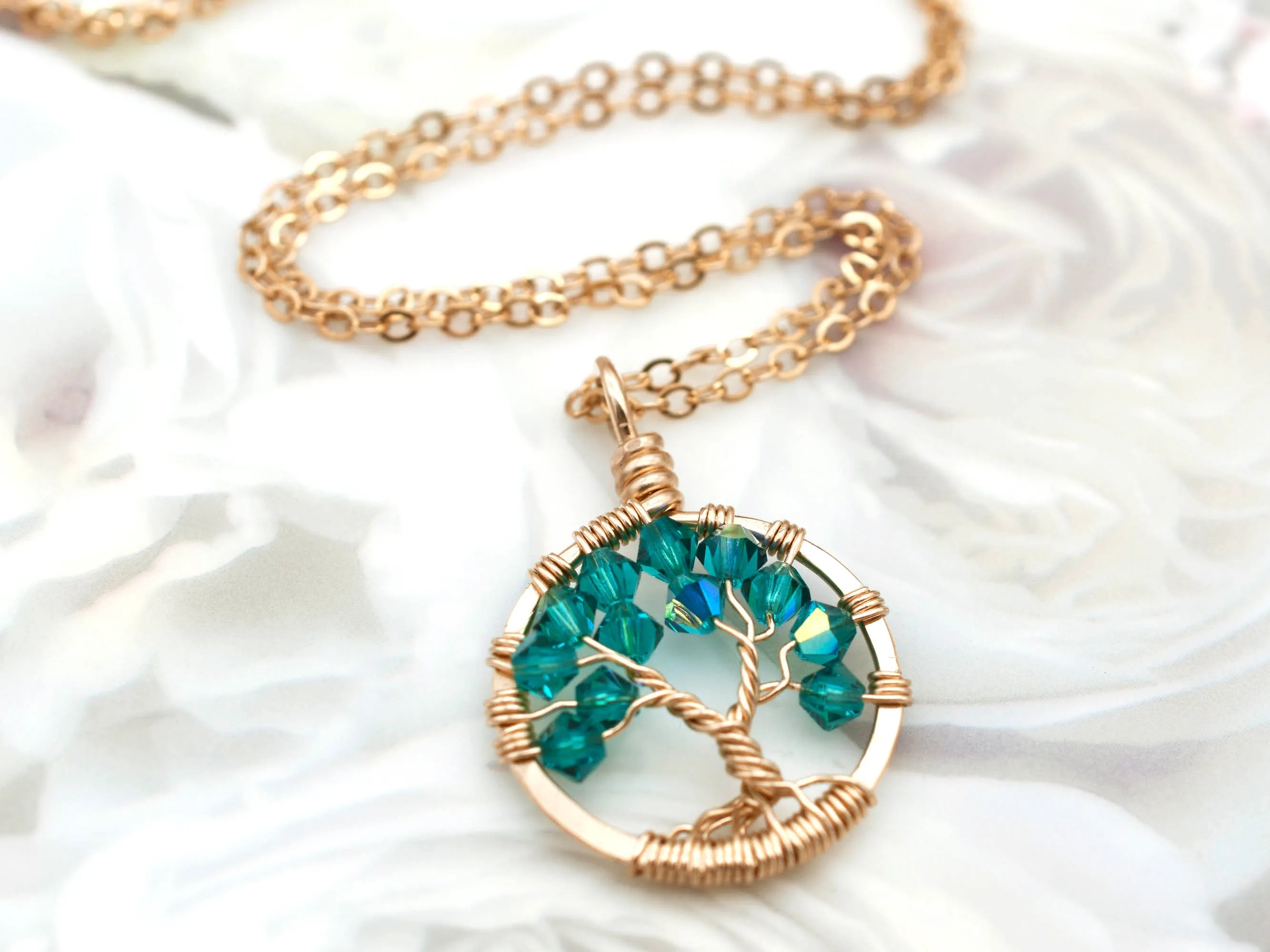 Gold Blue Zircon Tree of Life Crystal Necklace (December)
