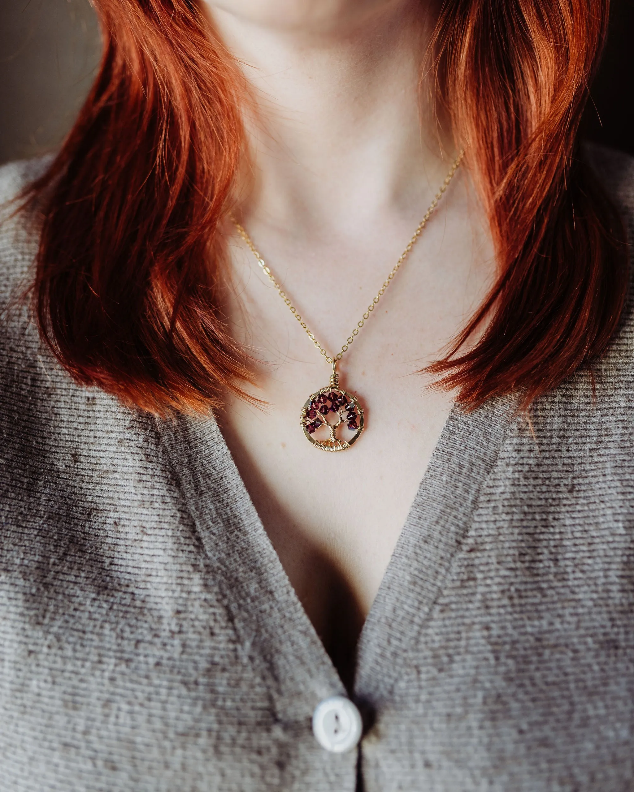 Gold Blue Zircon Tree of Life Crystal Necklace (December)