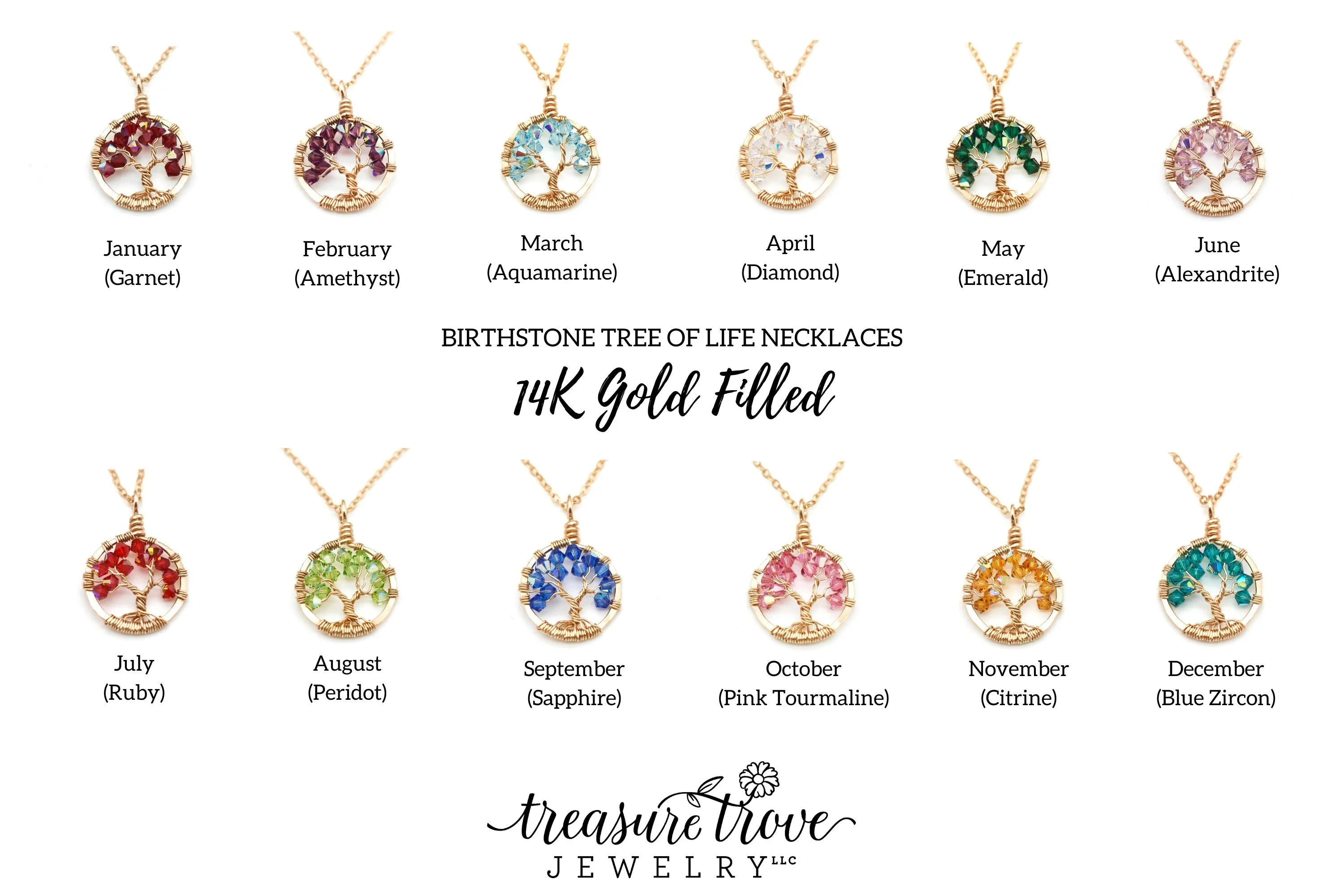 Gold Blue Zircon Tree of Life Crystal Necklace (December)