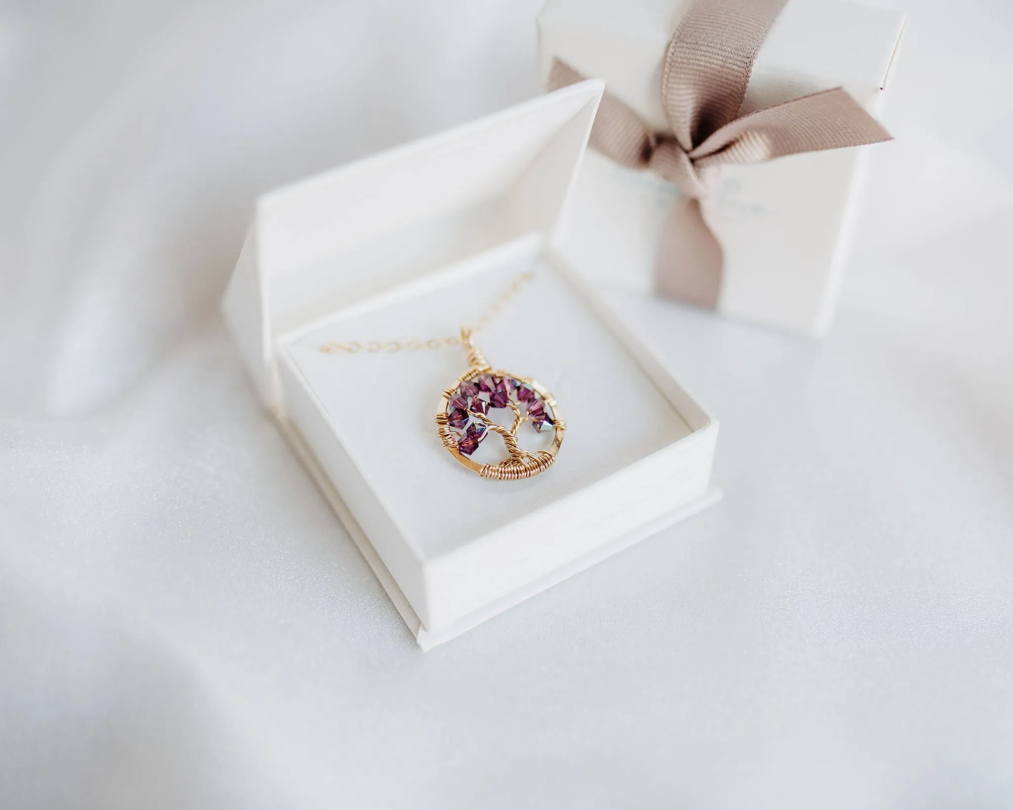 Gold Blue Zircon Tree of Life Crystal Necklace (December)