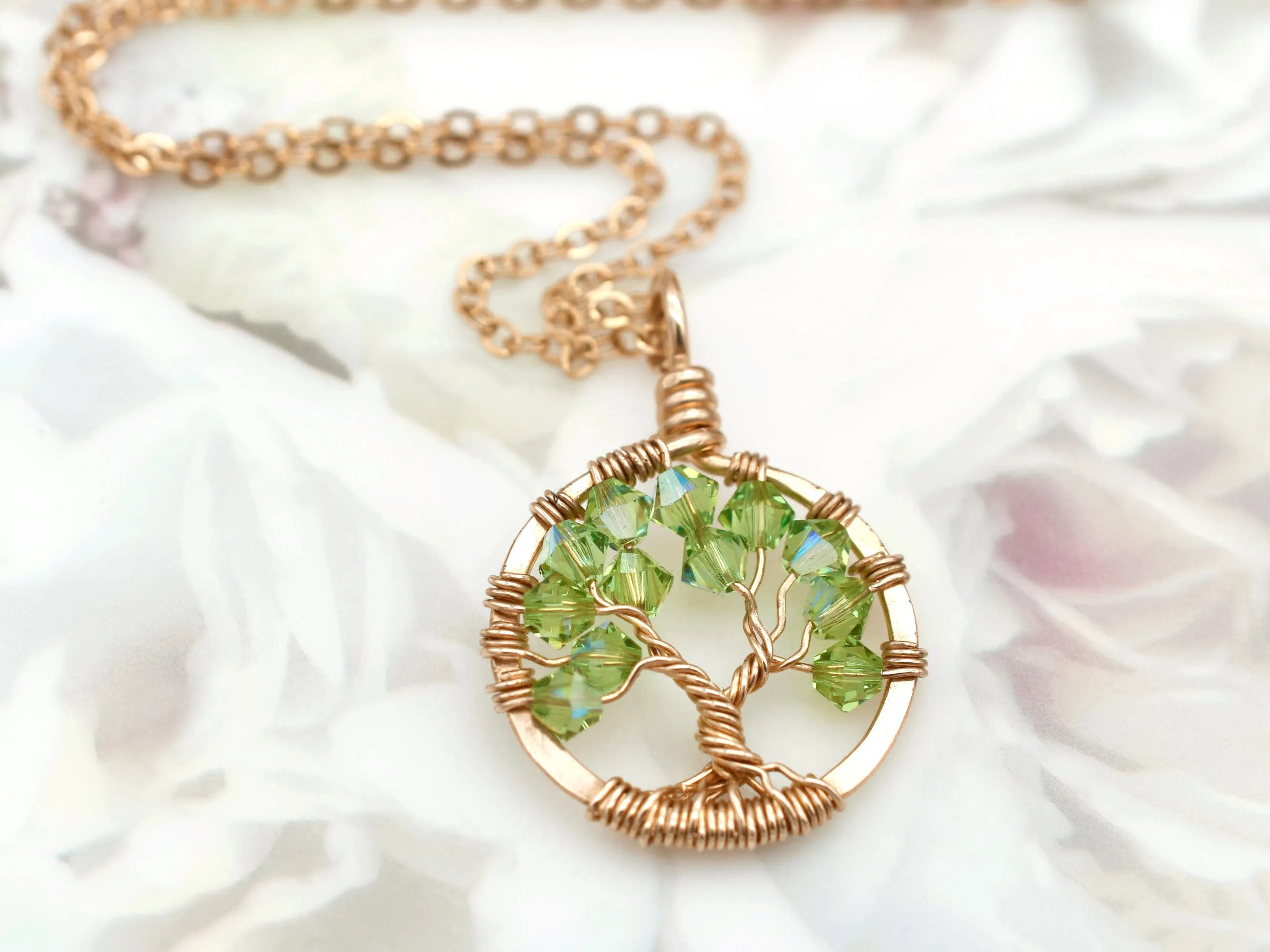 Gold Peridot Tree of Life Crystal Necklace (August)