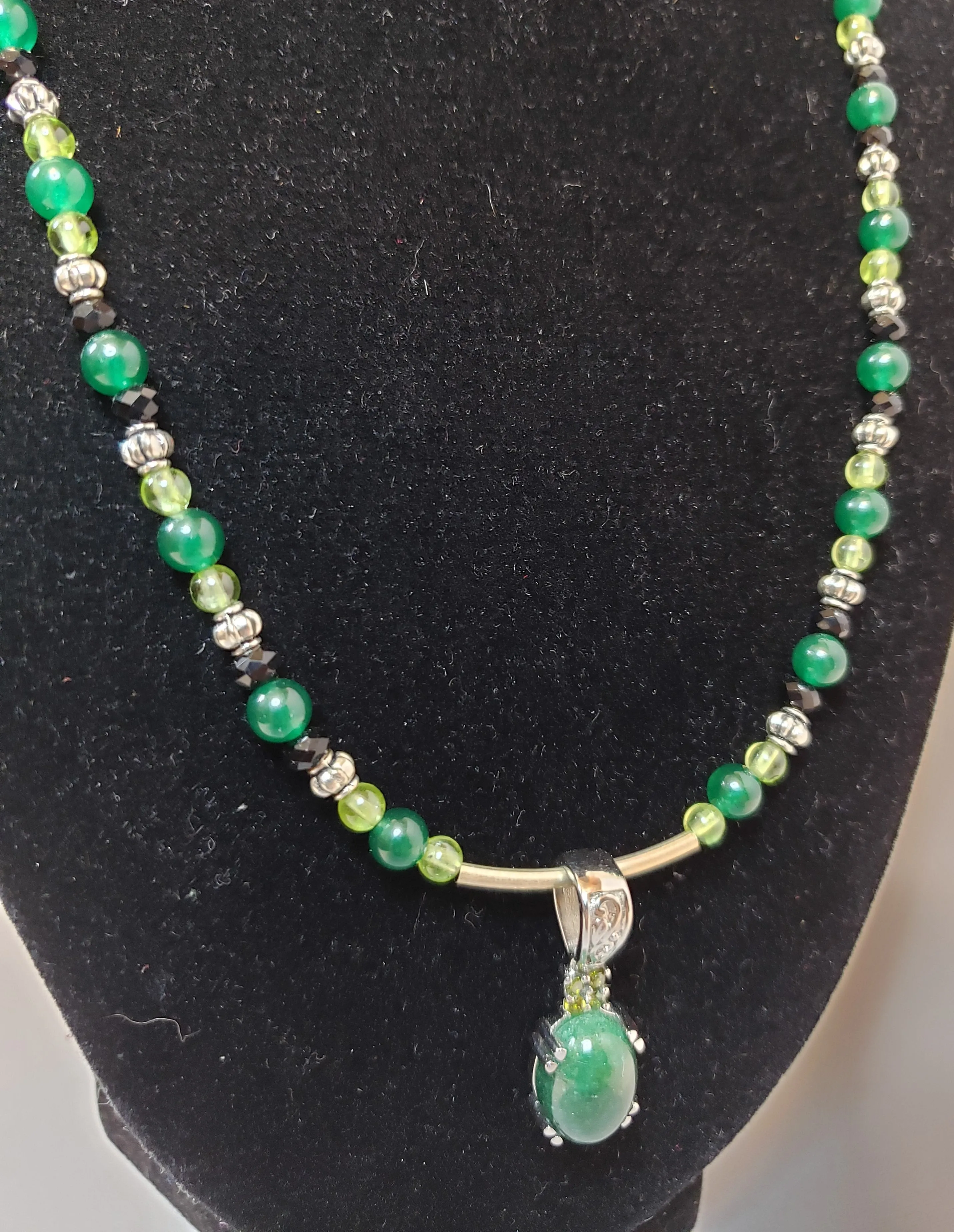 Green Agate, Rounded Peridot & Thai Black Spinel Necklace with Adventurine & Peridot Pendant. Adjustable 19.5"-22" 