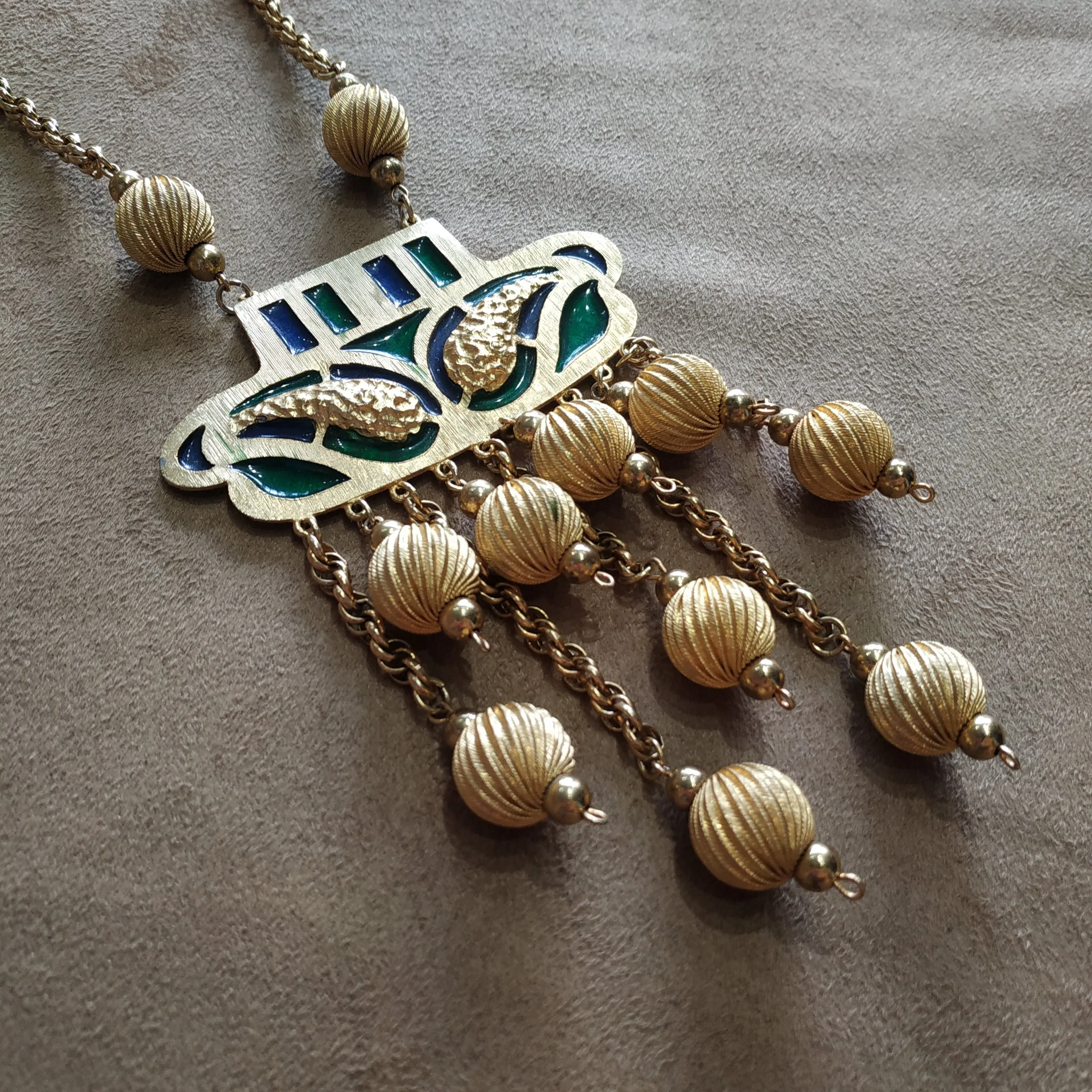 Green and Blue Enamel Long Tassel ball Necklace