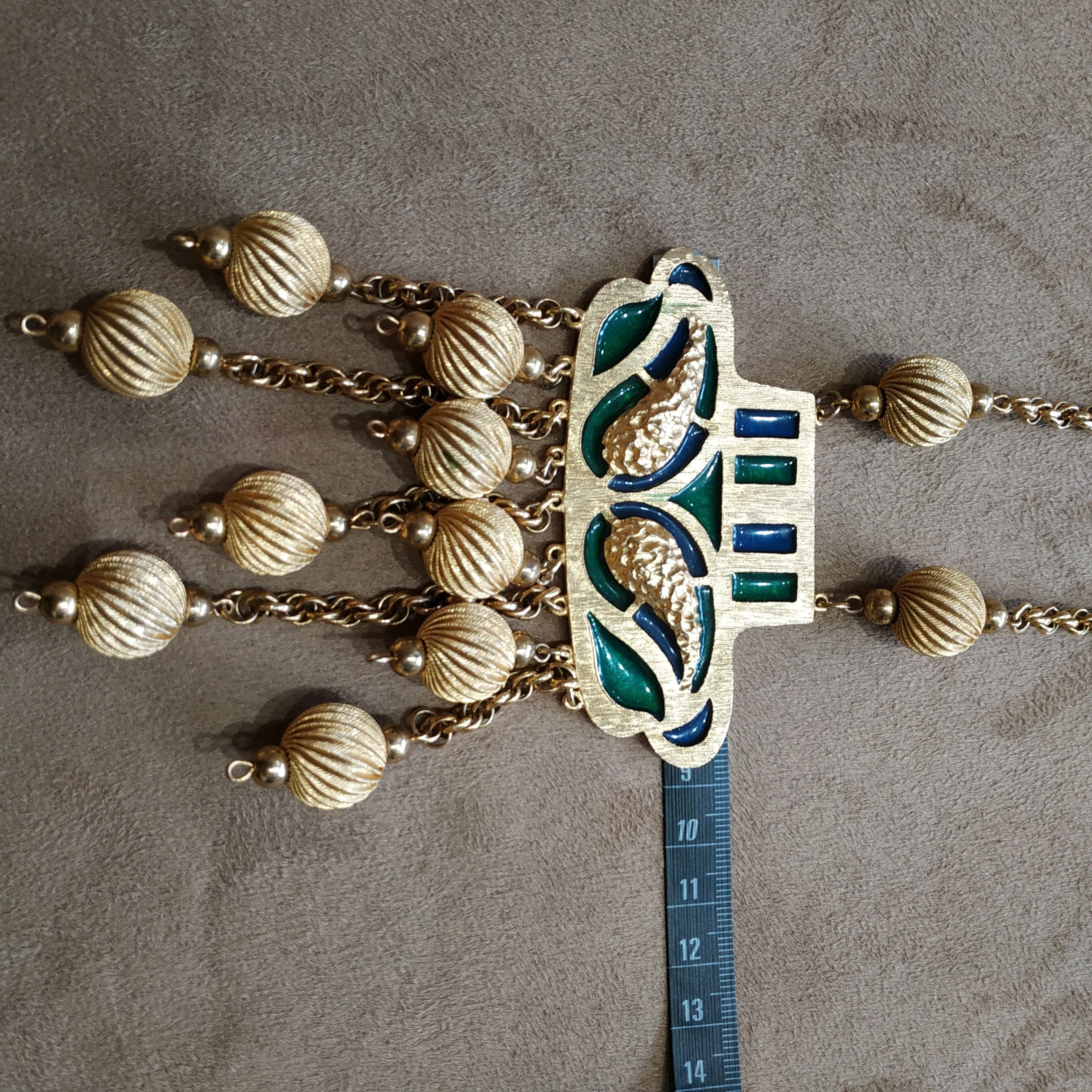 Green and Blue Enamel Long Tassel ball Necklace