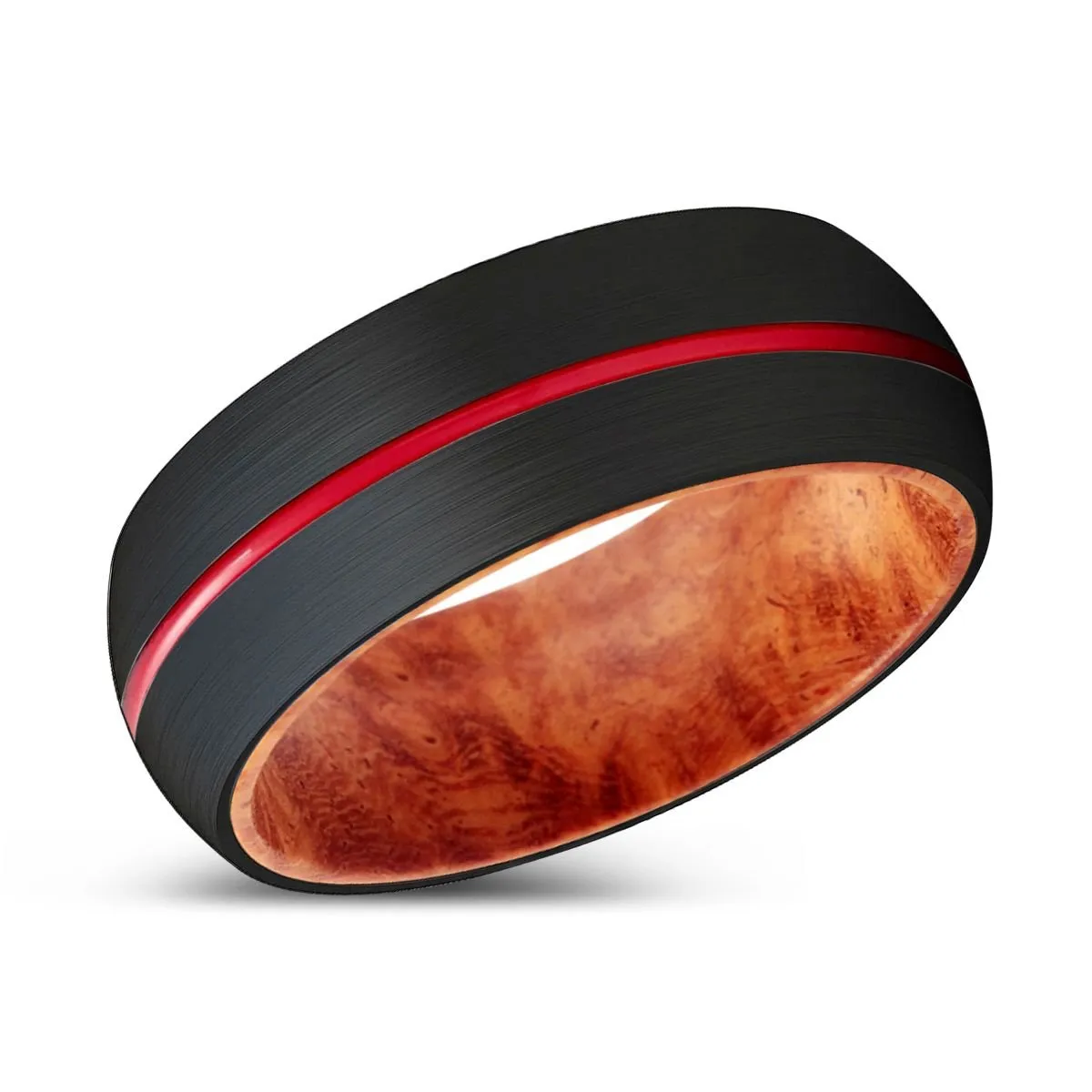 LEOPARD | Red Burl Wood, Black Tungsten Ring, Red Groove, Domed