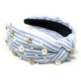 Light Blue Stripe Knot Jeweled Headband