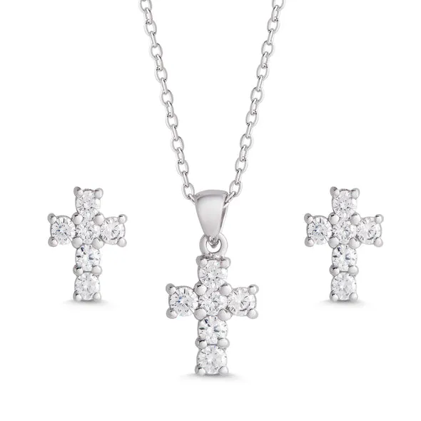 Lily Nily: CZ Cross Pendant and Stud Earrings Set in Sterling Silver