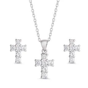 Lily Nily: CZ Cross Pendant and Stud Earrings Set in Sterling Silver