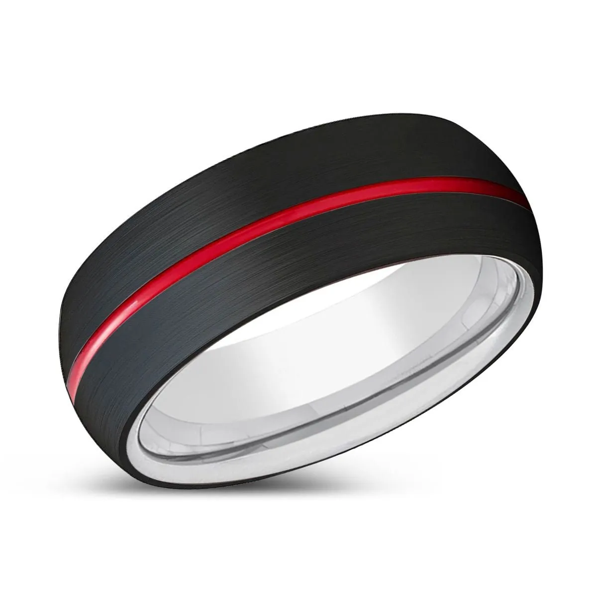 MACHO | Silver Ring, Black Tungsten Ring, Red Groove, Domed