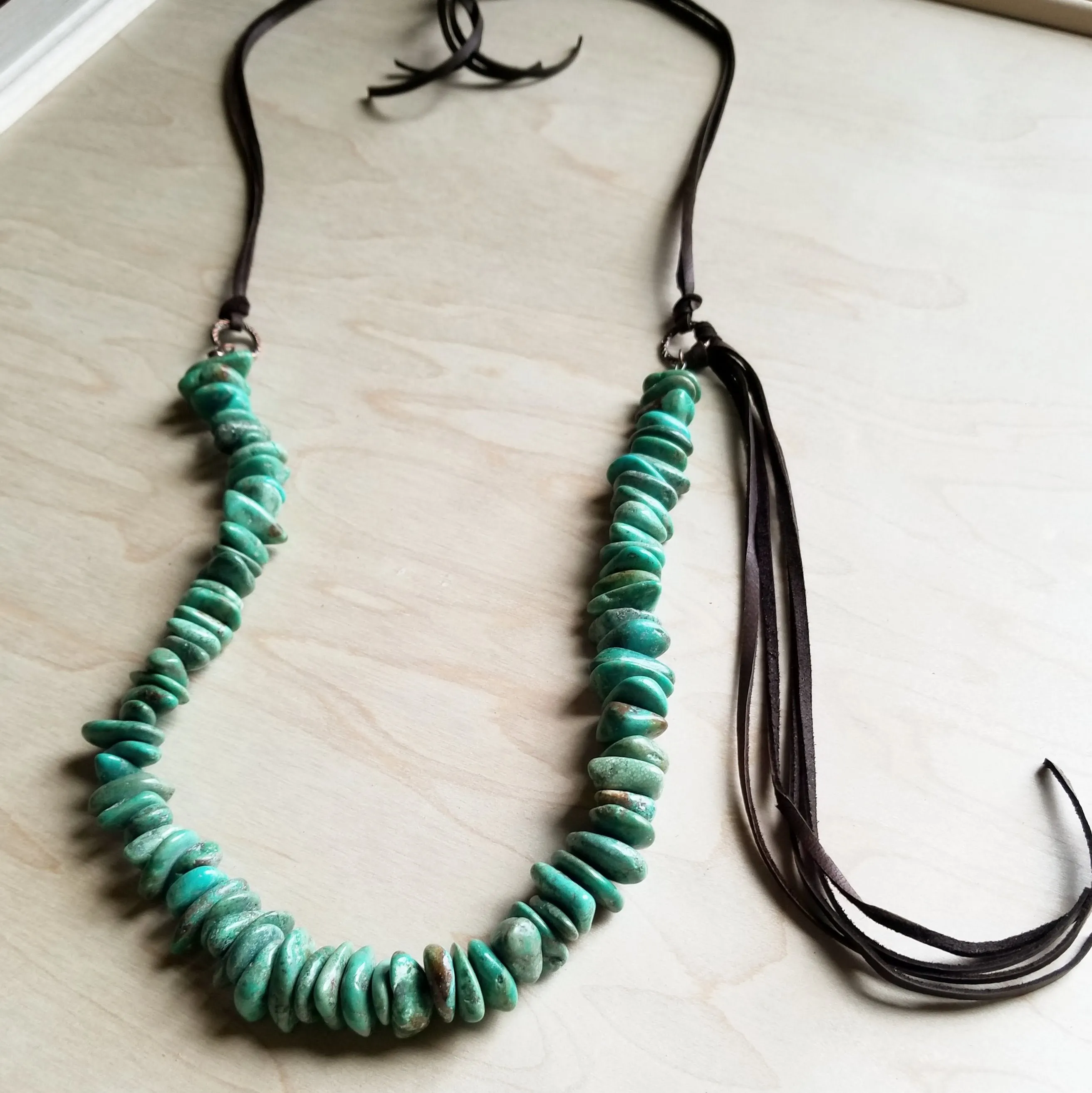 Natural Turquoise Necklace with Side-Tie Leather Tassel (245c)