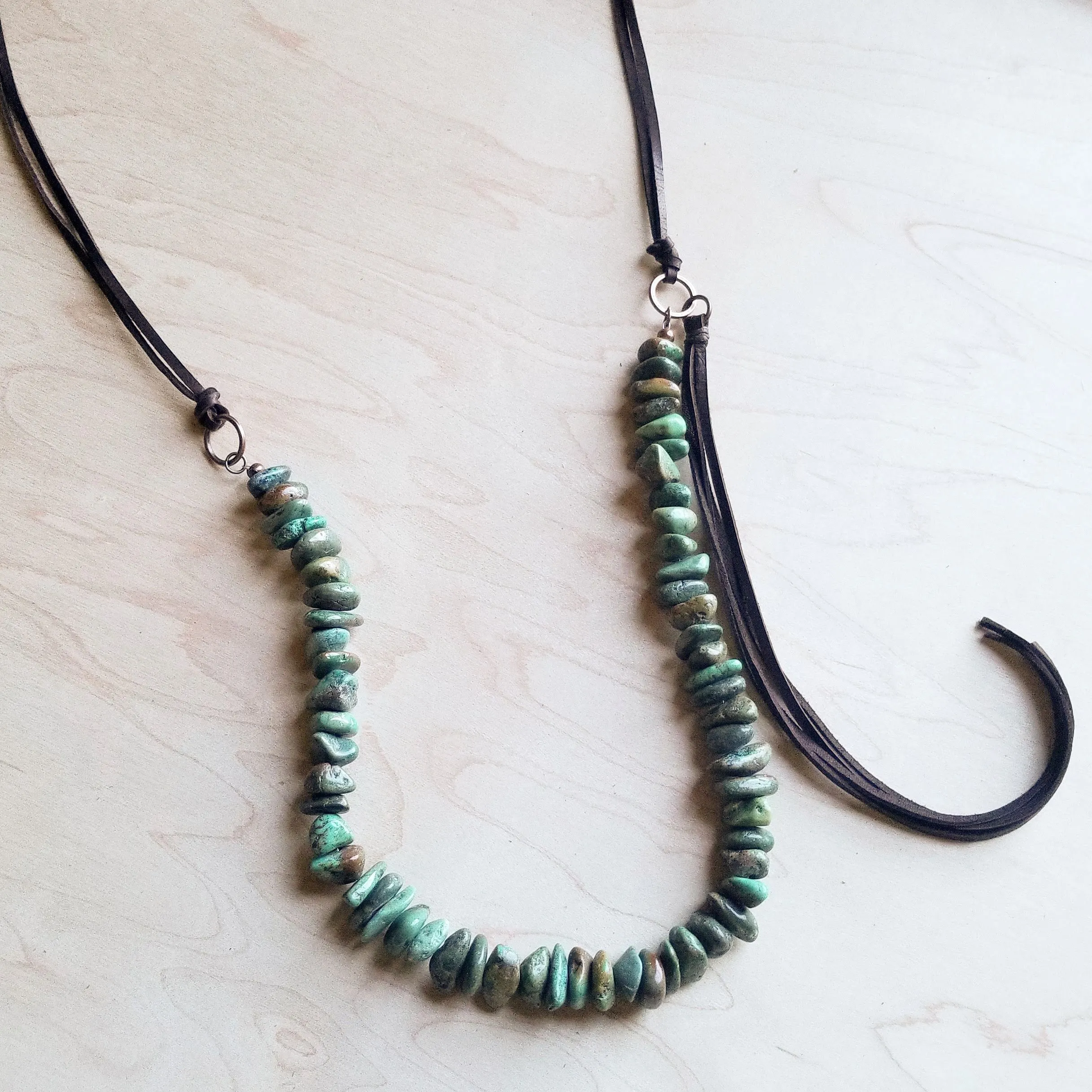 Natural Turquoise Necklace with Side-Tie Leather Tassel (245c)