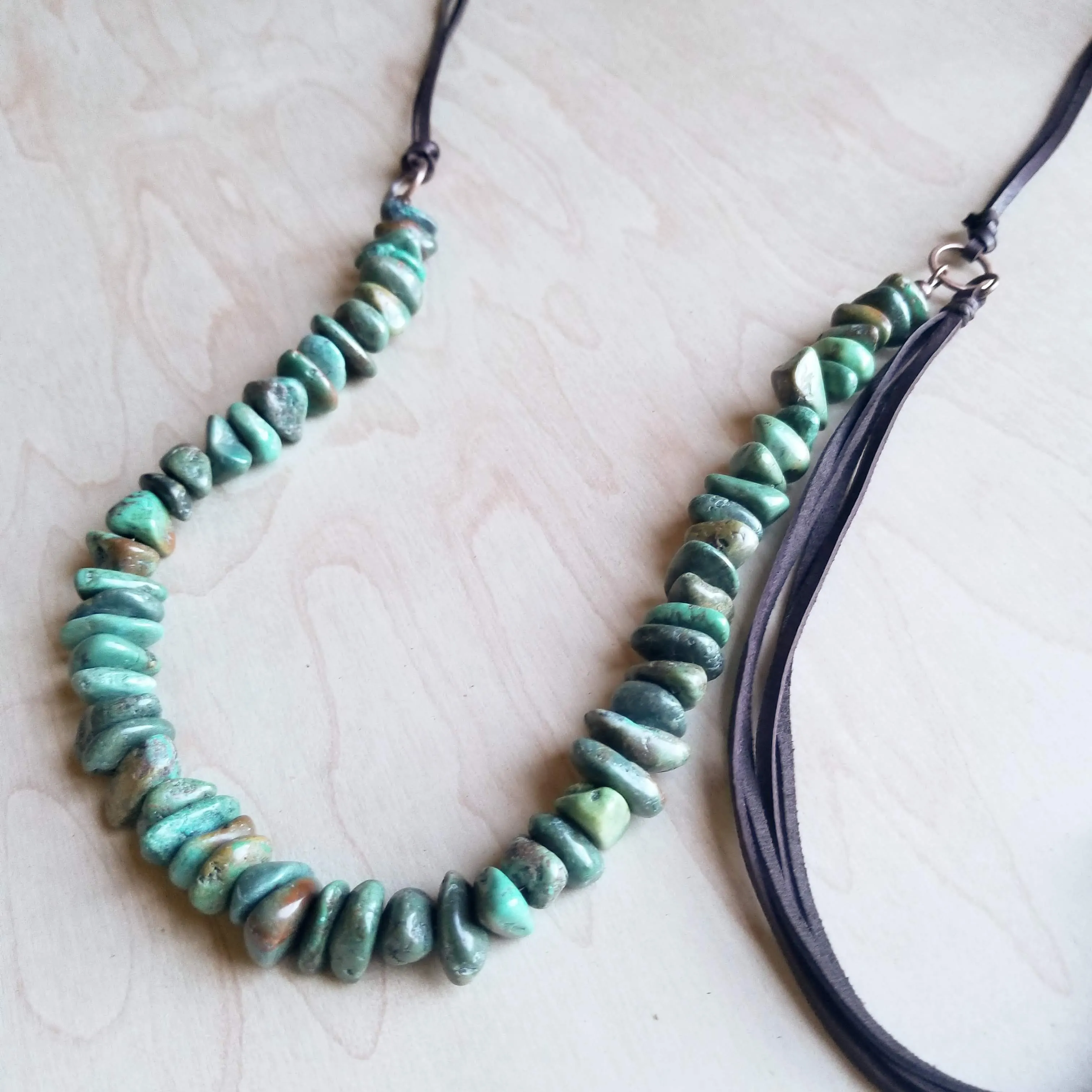 Natural Turquoise Necklace with Side-Tie Leather Tassel (245c)