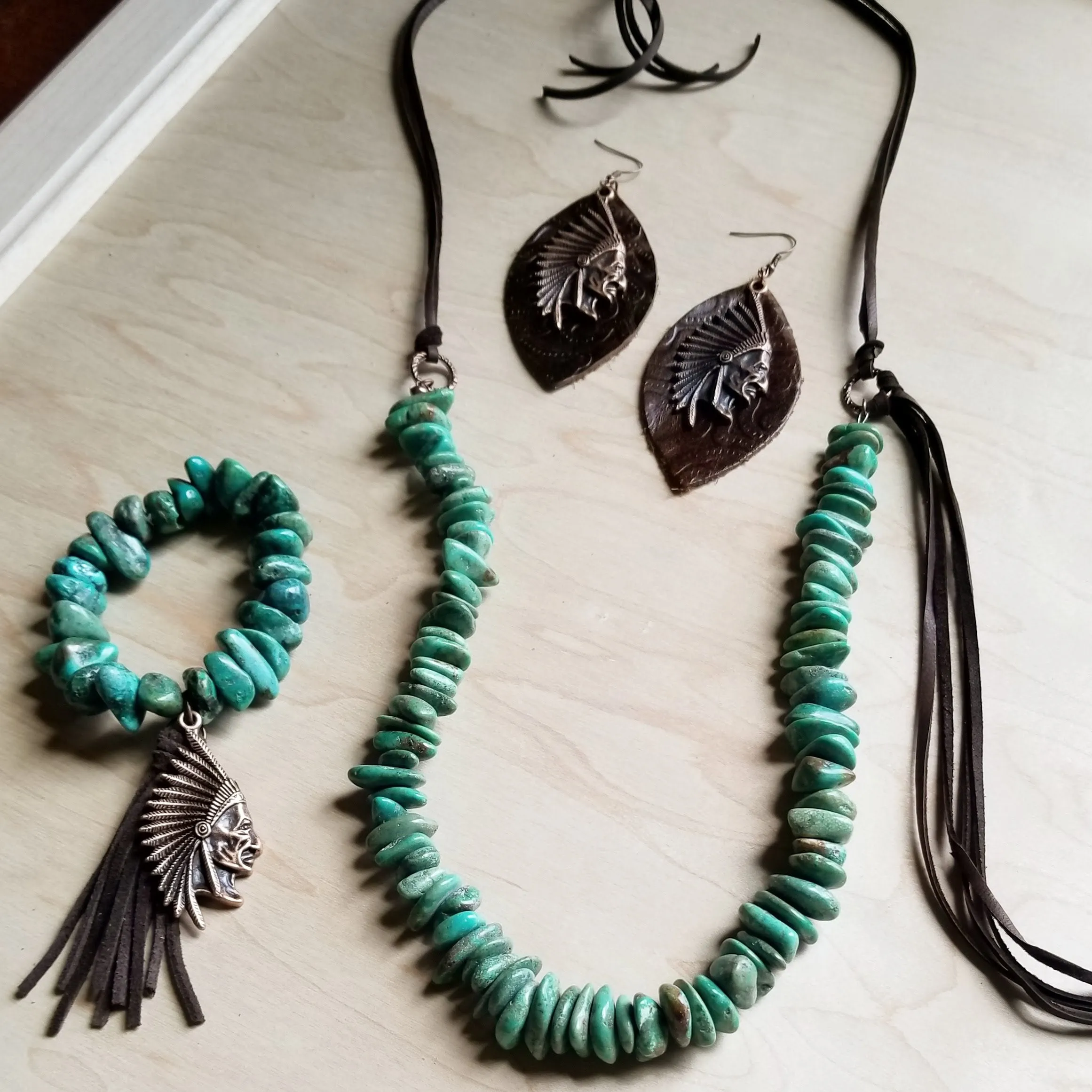 Natural Turquoise Necklace with Side-Tie Leather Tassel (245c)