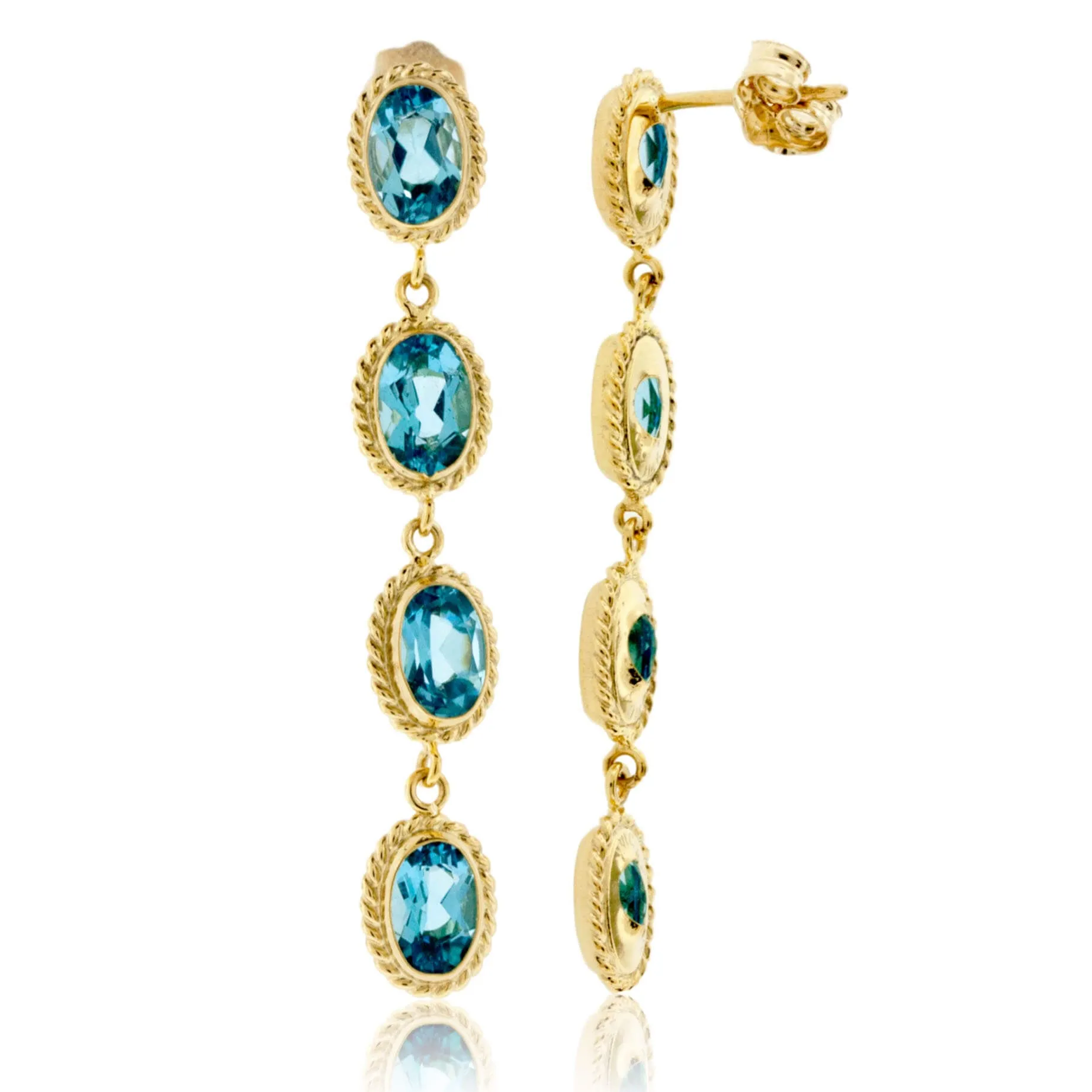 Oval Drop Four Blue Topaz & Rope Halo Earrings