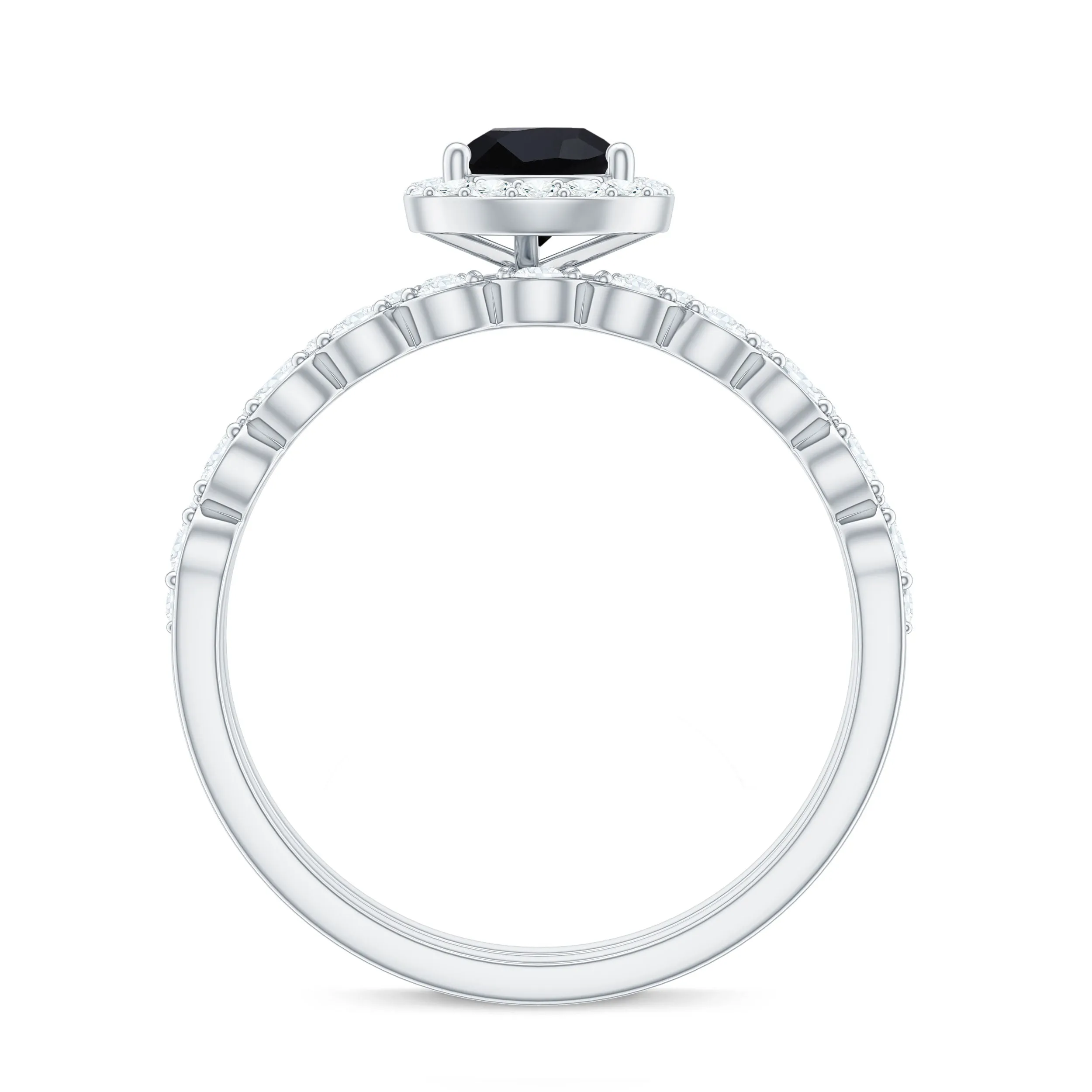 Pear Cut Black Spinel Wedding Ring Set with Diamond