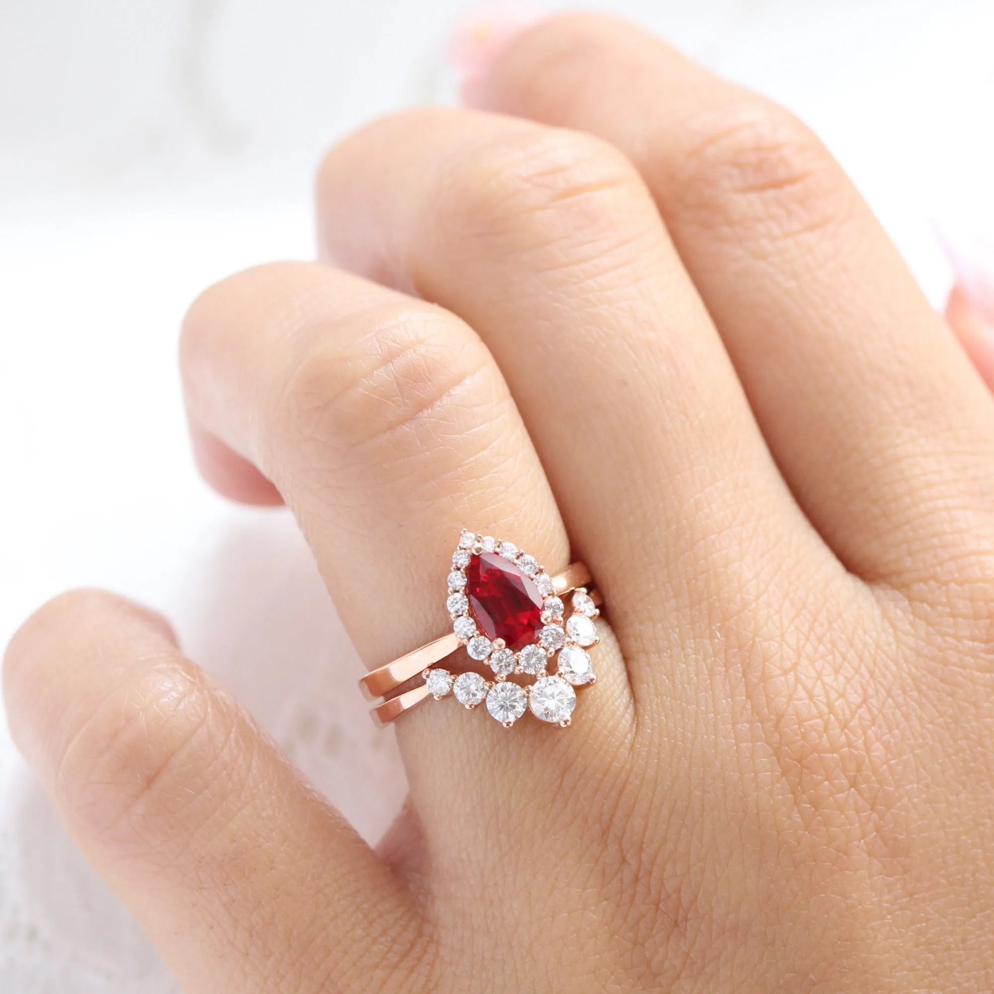 Pear Ruby Engagement Ring in Tiara Halo Diamond Tapered Band