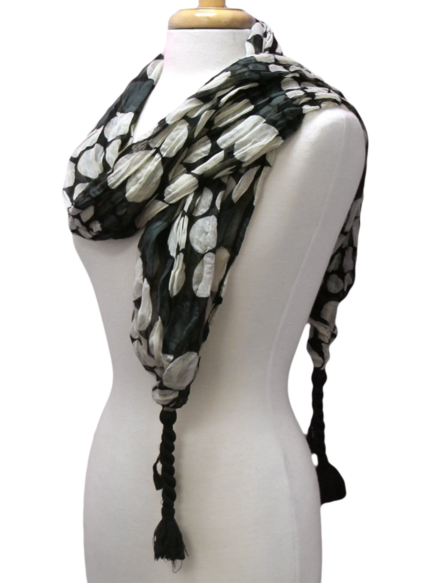 Polka Dot Crinkle Scarf With Tassels