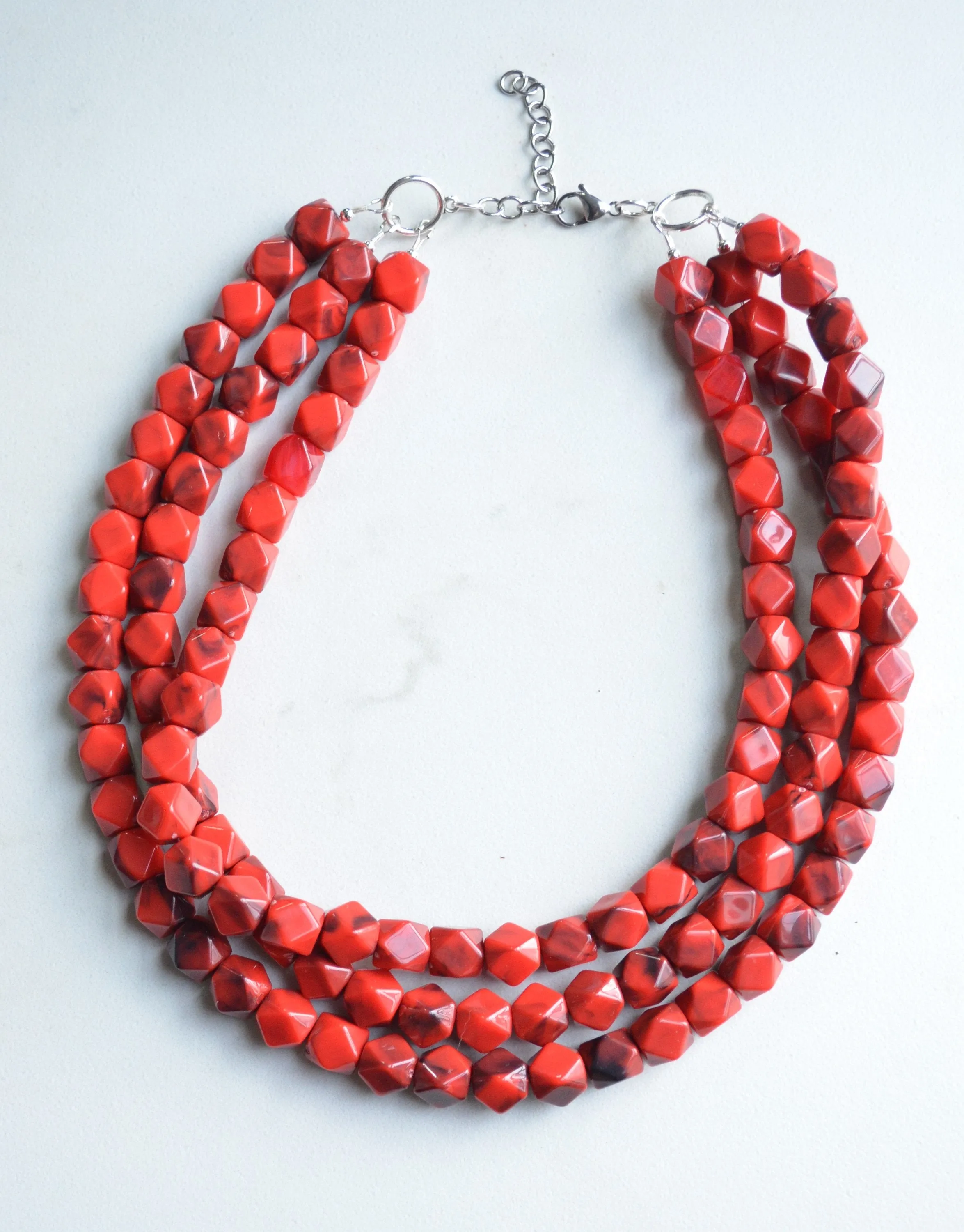 Red Beaded Multi Strand Acrylic Statement Necklace - Verti