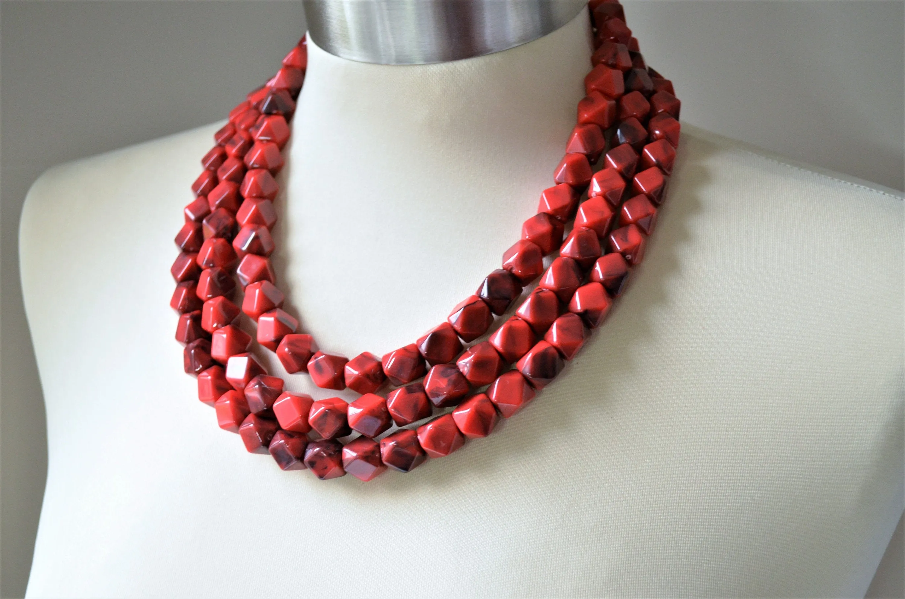 Red Beaded Multi Strand Acrylic Statement Necklace - Verti